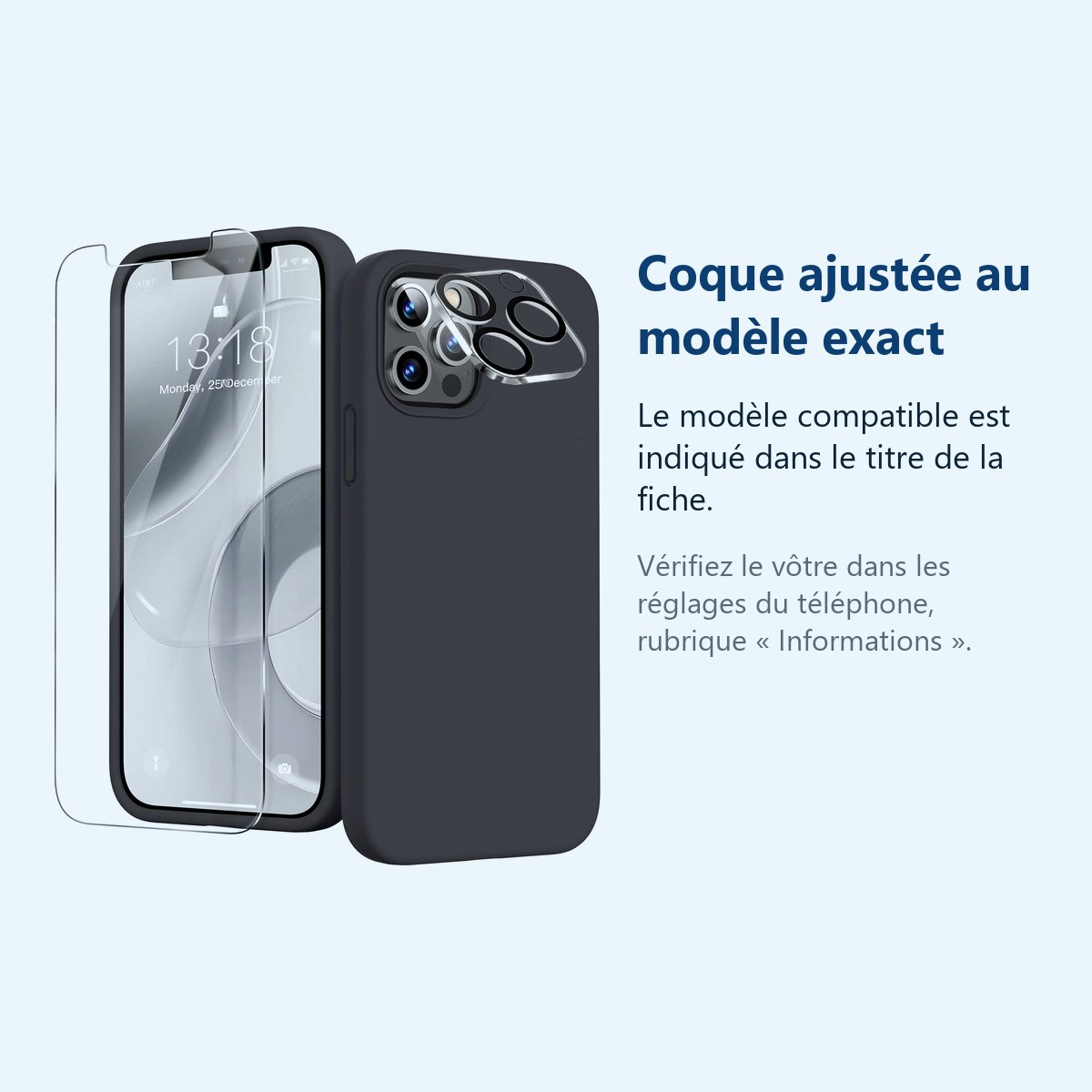 Accessoire ajusté au modèle exact – Coque Silicone Noir + Verre Trempe et Protection Camera Arriere Pour iPhone 12 Pro