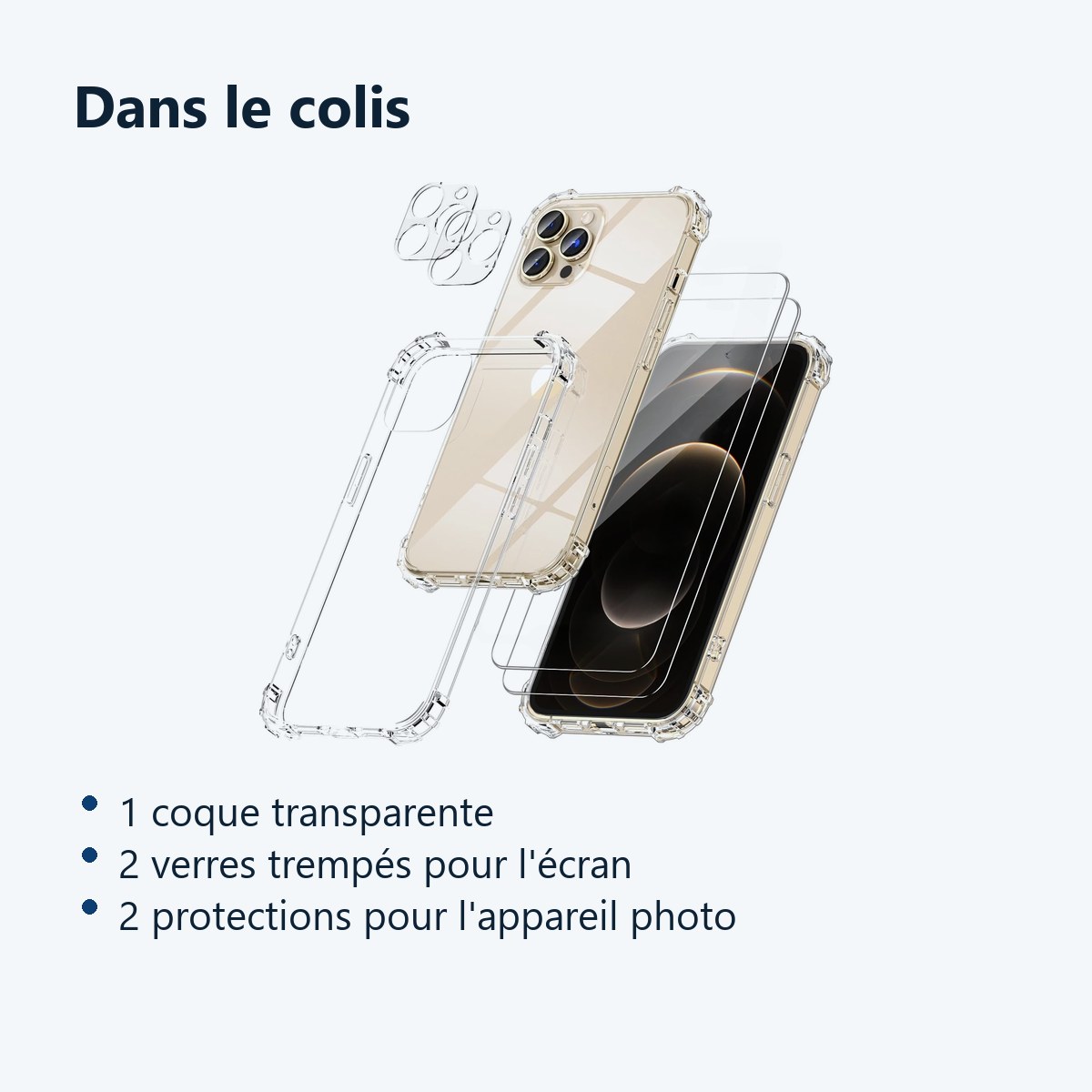 Contenu du colis – Coque Silicone Transparente Angles Renforces + Verres Trempes et Protections Camera Arriere X2 Pour iPhone