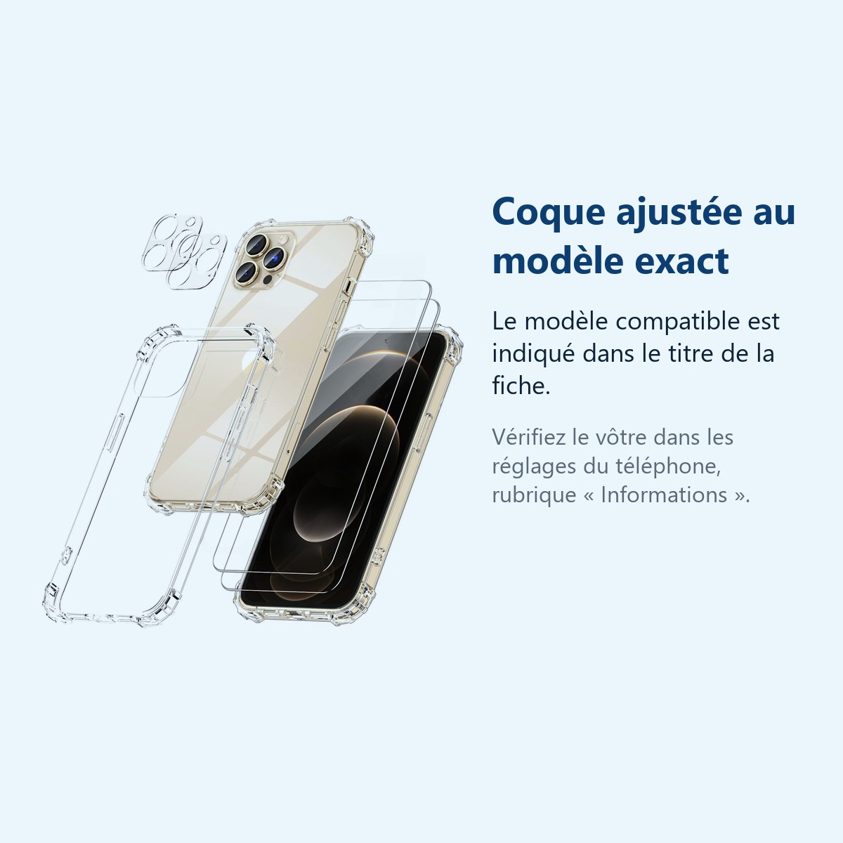 Accessoire ajusté au modèle exact – Coque Silicone Transparente Angles Renforces + Verres Trempes et Protections Camera Arrie