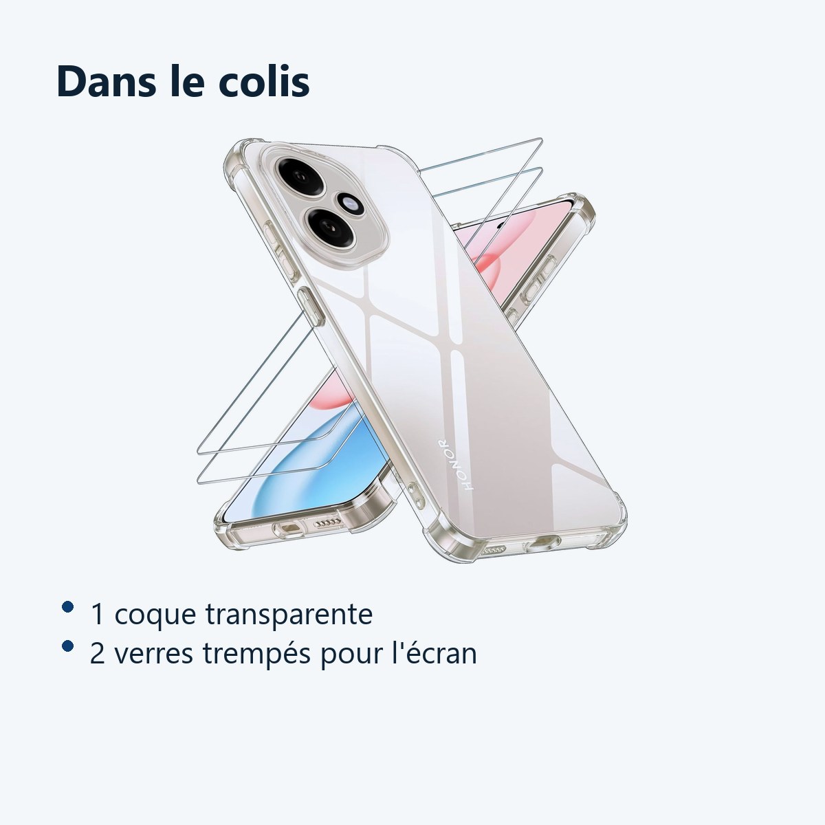 Contenu du colis – Coque Silicone Transparente Angles Renforces + 2 Verres Trempes Pour Honor 400 5G