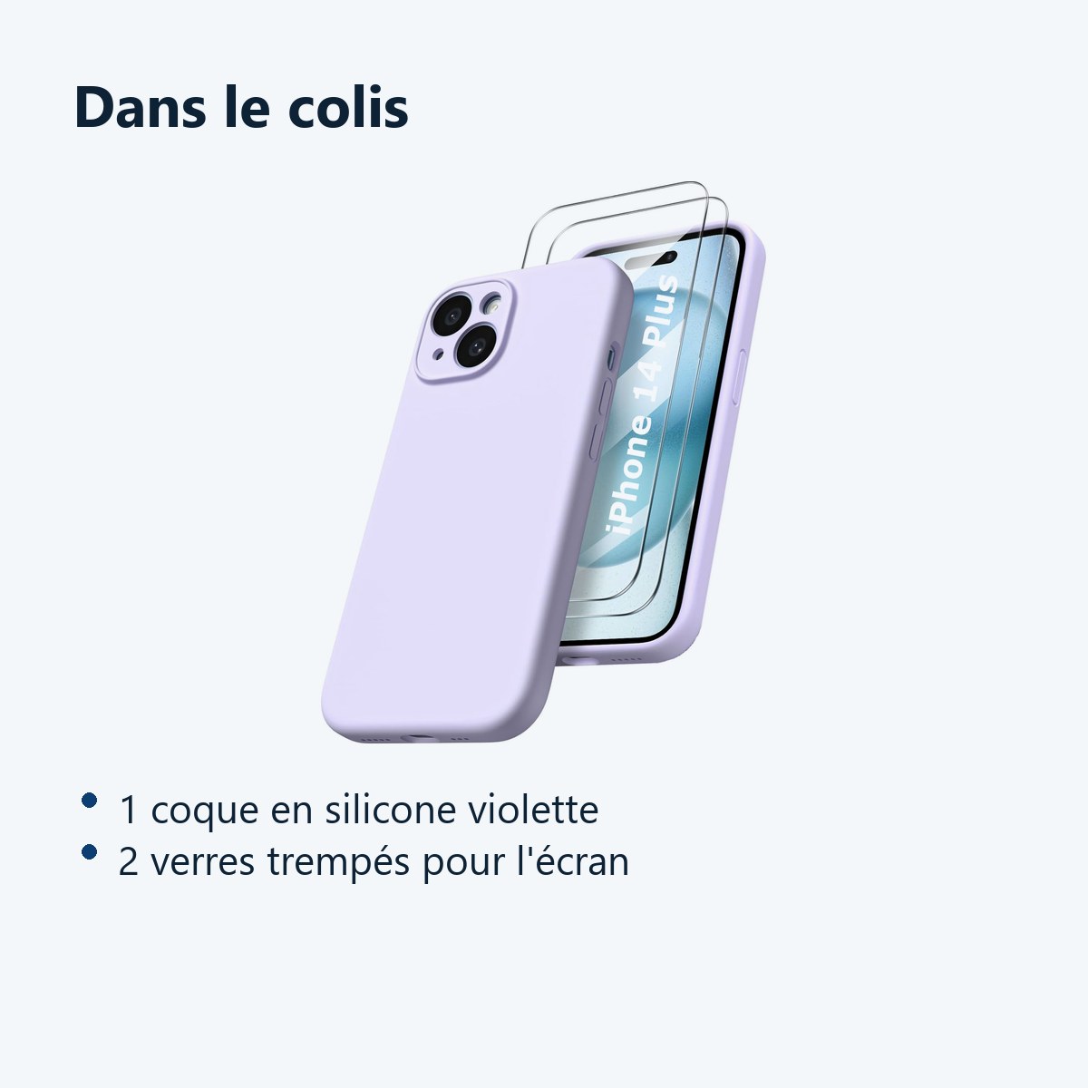 Contenu du colis – Coque Silicone Violet + 2 Verres Trempes Pour iPhone 14 Plus