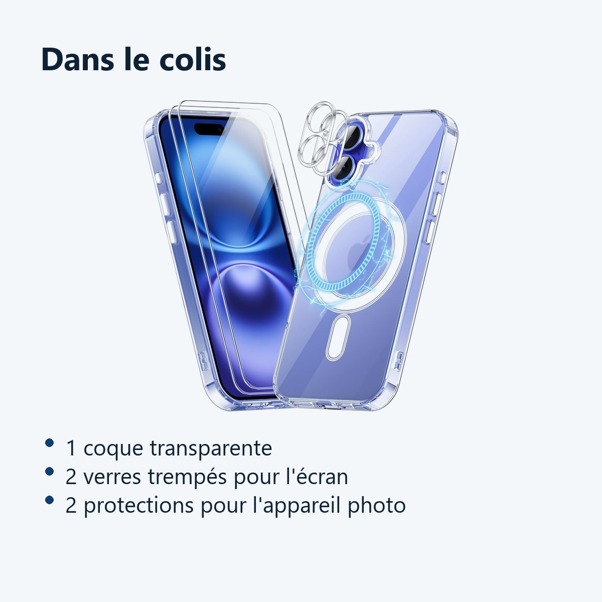 Contenu du colis – Coque Silicone Transparente Compatible Magsafe + Verres Trempes et Protections Camera Arriere X2 Pour iPho