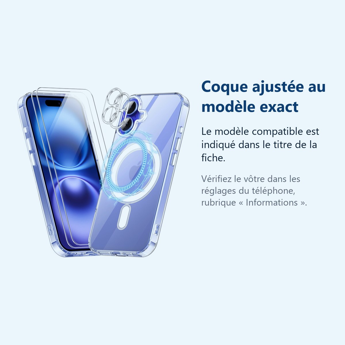 Accessoire ajusté au modèle exact – Coque Silicone Transparente Compatible Magsafe + Verres Trempes et Protections Camera Arr