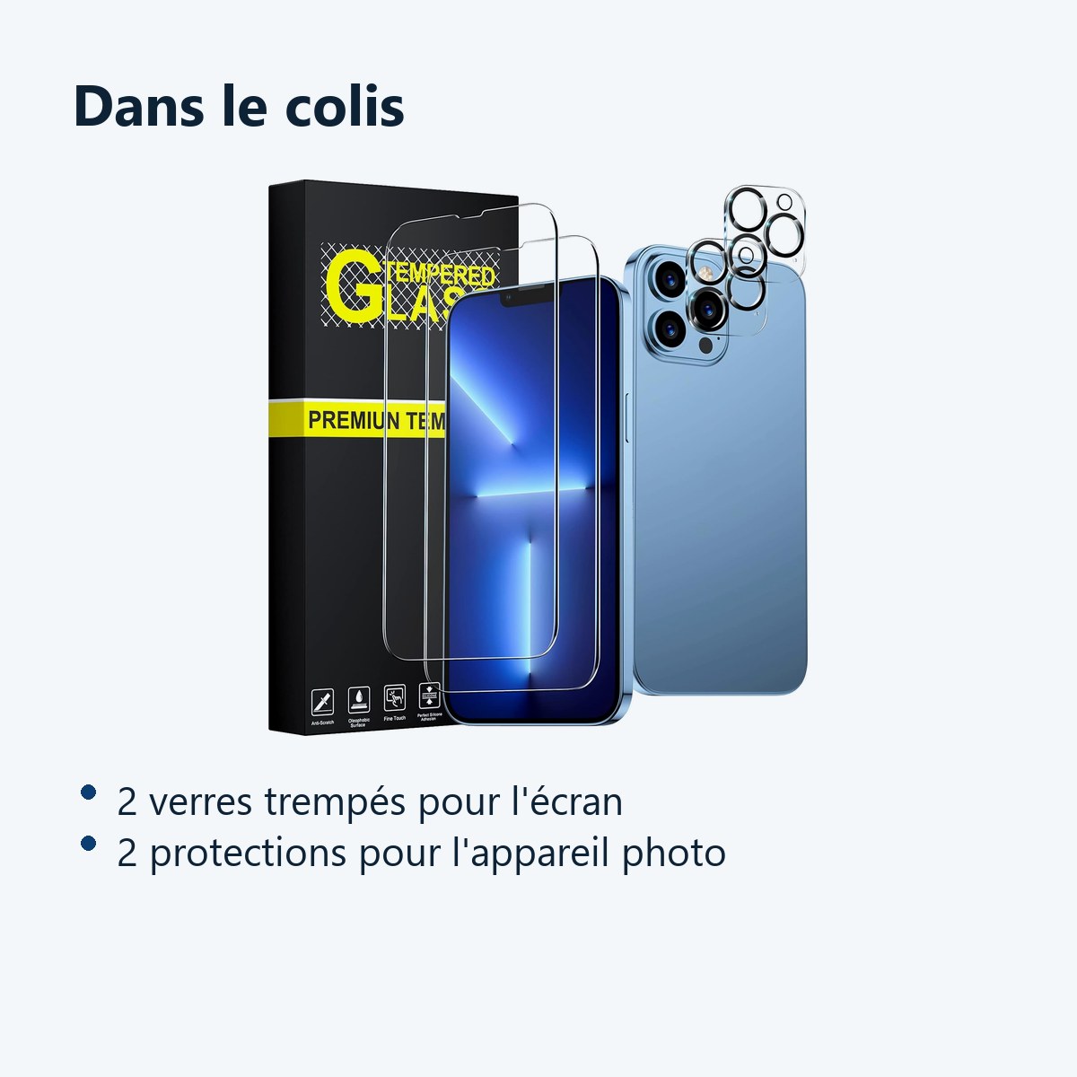 Contenu du colis – Verres Trempes et Protections Camera Arriere X2 Pour iPhone 13 Pro