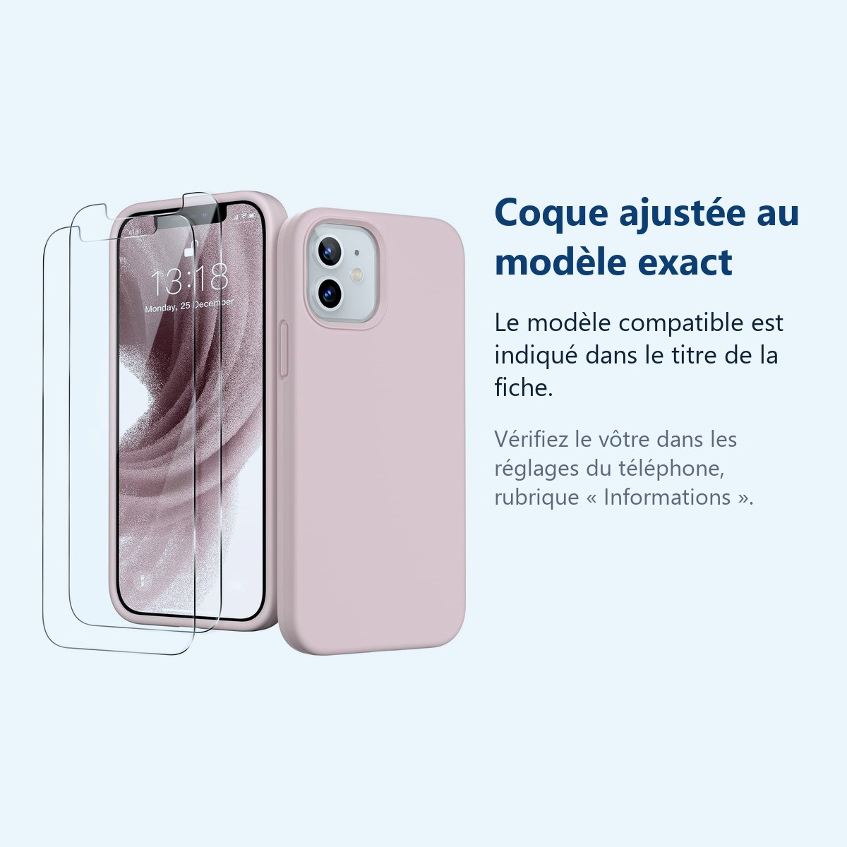 Accessoire ajusté au modèle exact – Coque Rose pour iPhone 12 Mini (5,4 pouces) et 2 Verres Trempé Film Protection Ecran