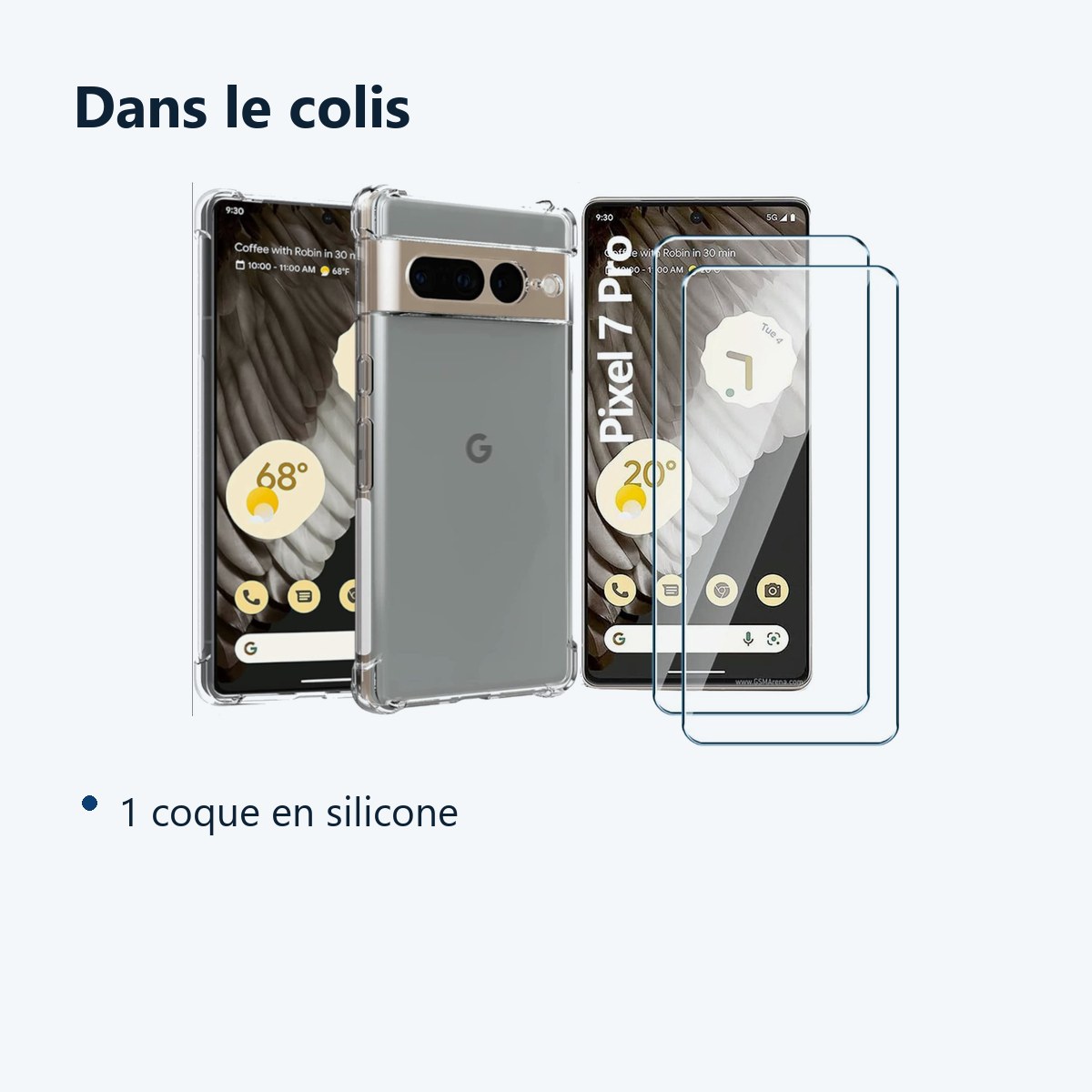Contenu du colis – Coque Silicone Angles Renforces + 2 Vitres Protection Ecran Pour Google Pixel 7 Pro 5G