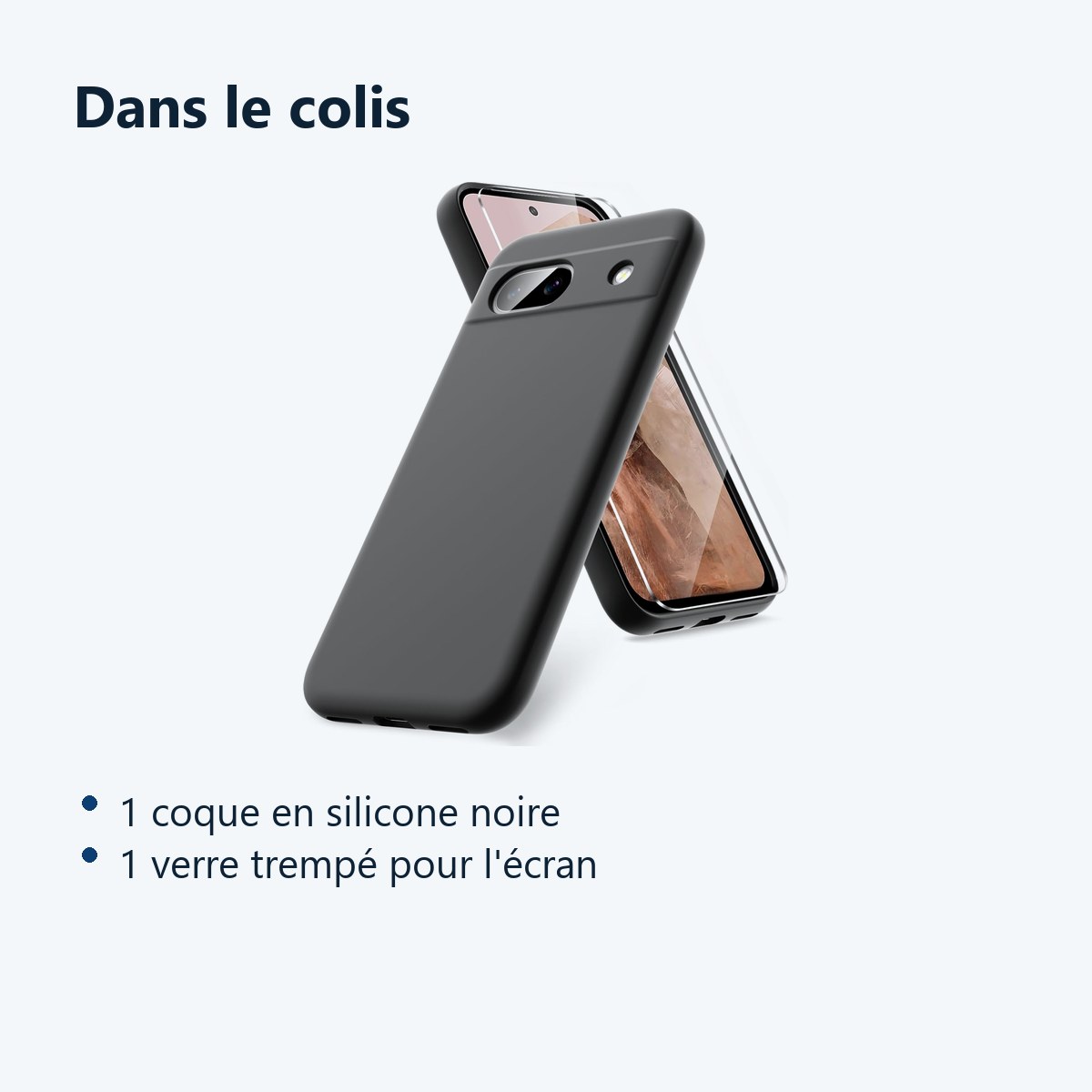 Contenu du colis – Coque Pour Google Pixel 8a Silicone Noir + Verre Trempe