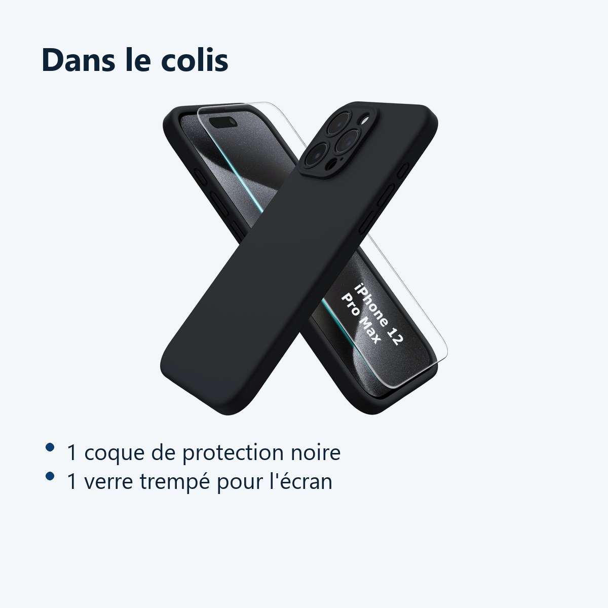 Contenu du colis – Coque Noir pour iPhone 12 Pro Max (6,7 pouces) et Verre Trempé Film Protection Ecran
