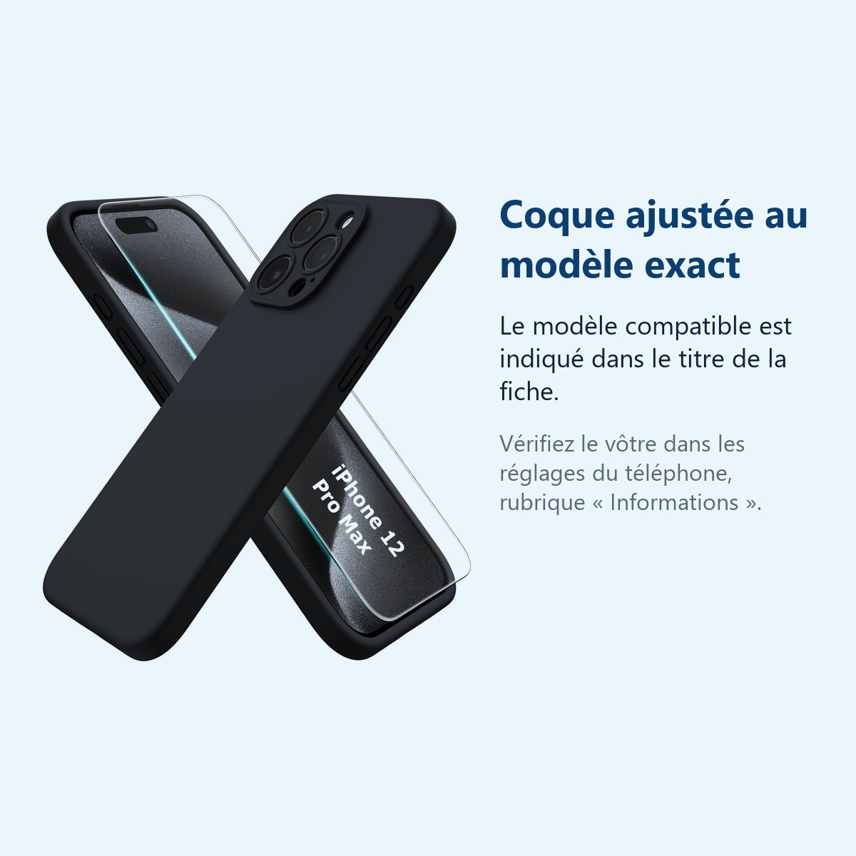 Accessoire ajusté au modèle exact – Coque Noir pour iPhone 12 Pro Max (6,7 pouces) et Verre Trempé Film Protection Ecran