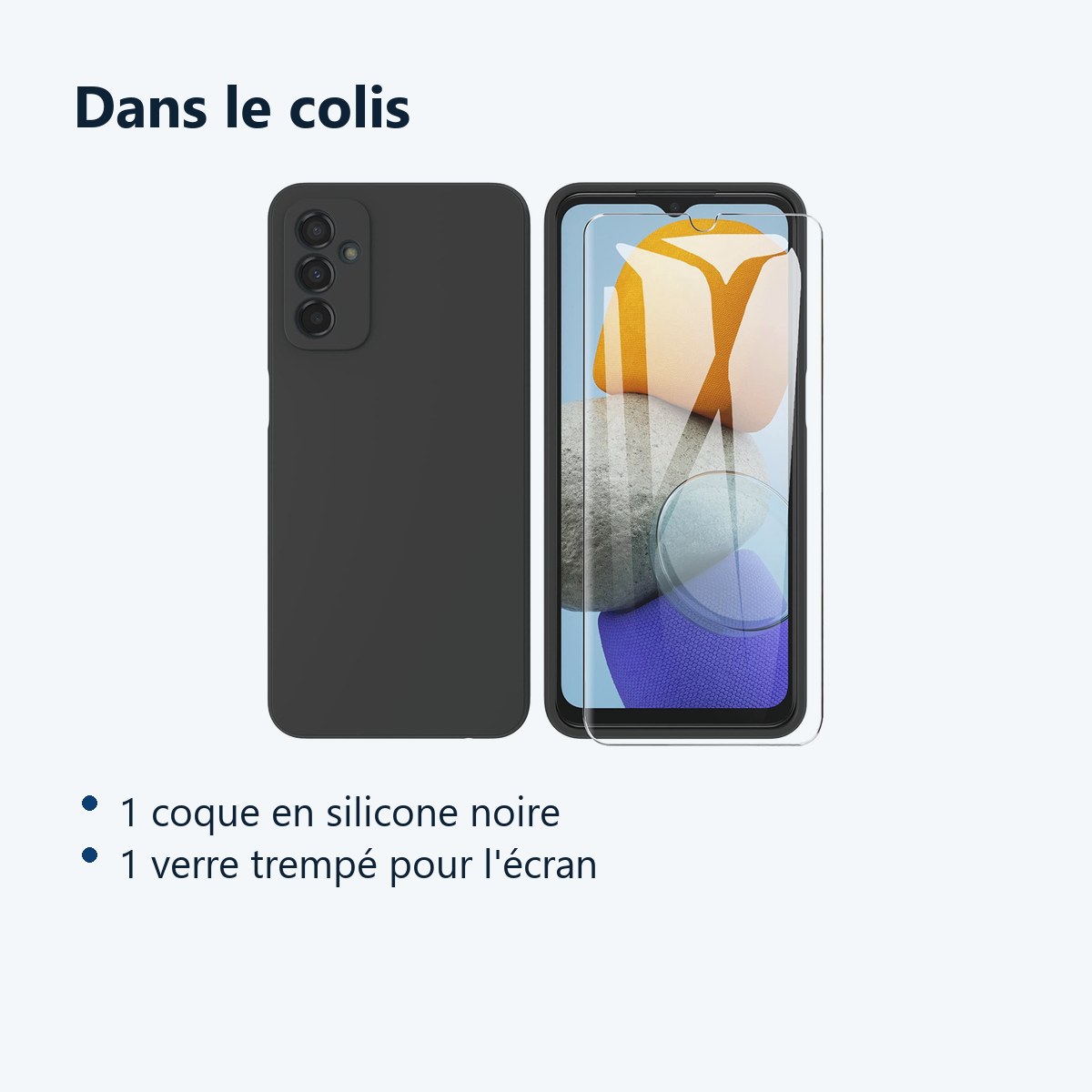 Contenu du colis – Coque Silicone Noir + Verre Trempe Pour Samsung A23 5G