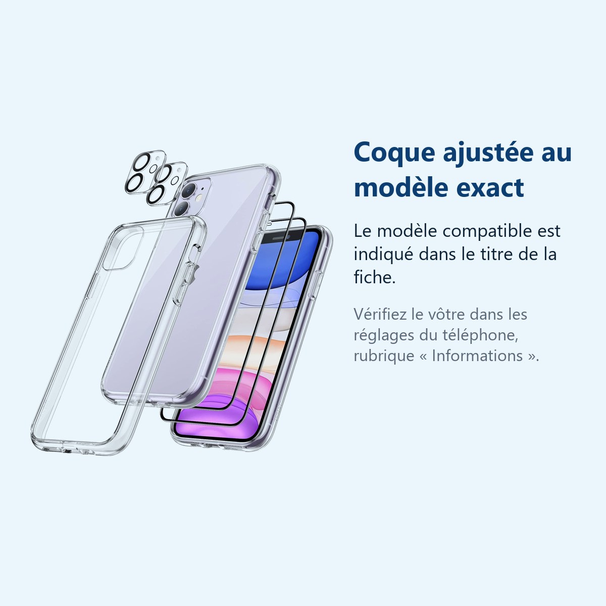 Accessoire ajusté au modèle exact – Coque Silicone Transparente + Verres Trempes et Protections Camera Arriere X2 Pour iPhone