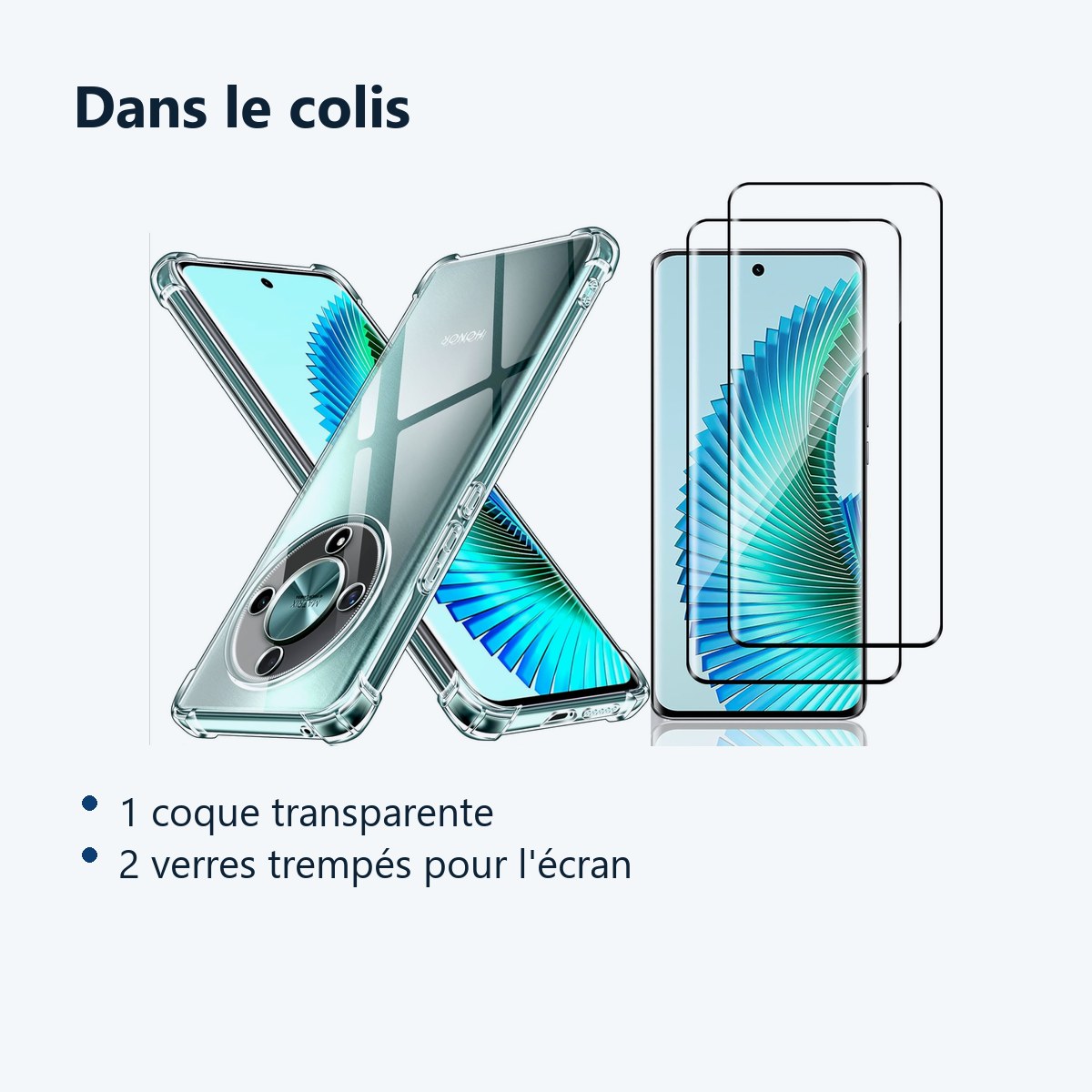 Contenu du colis – Coque Pour Honor Magic 6 Lite 5G Silicone Transparente Angles Renforces + 2 Verres Trempes