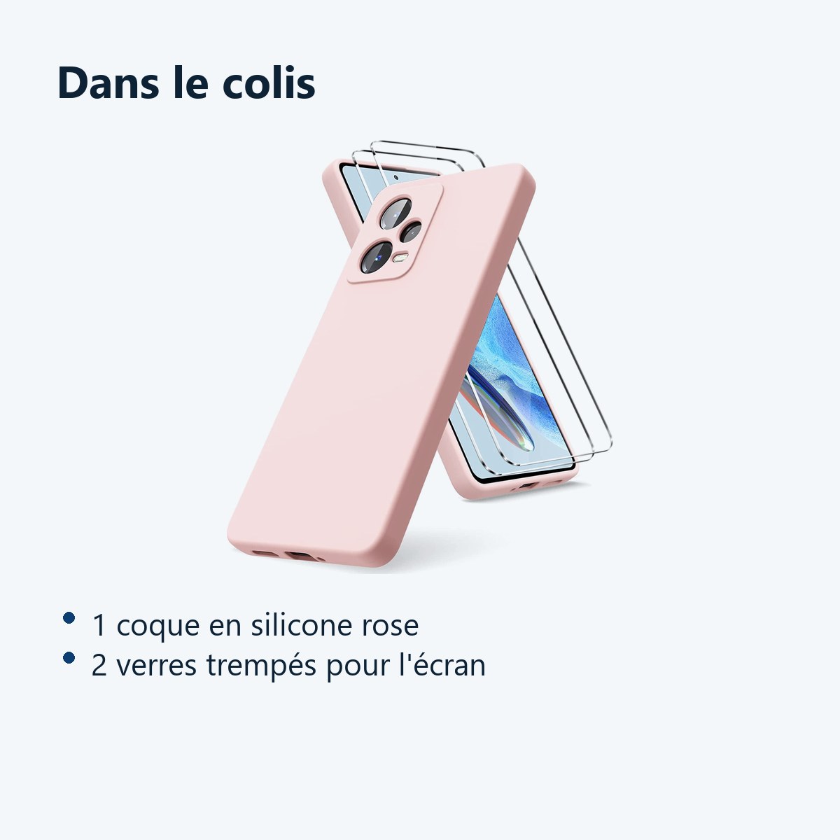 Contenu du colis – Coque Silicone Rose + 2 Verres Trempes Pour Xiaomi Redmi Note 12 Pro 5G