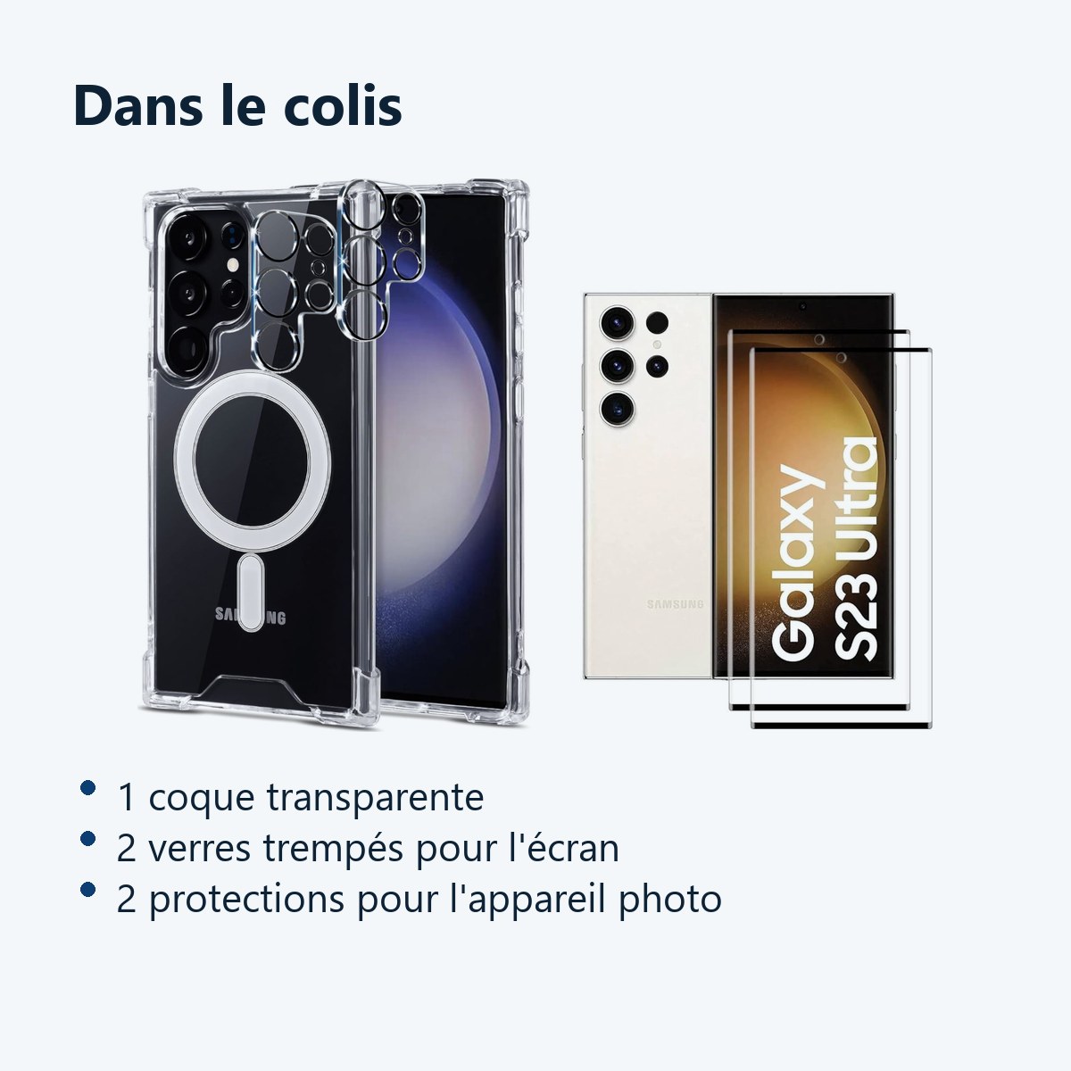 Contenu du colis – Coque Silicone Transparente Compatible Magsafe + Verres Trempes et Protections Camera Arriere Transparent