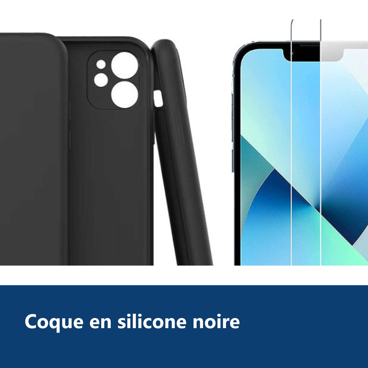 Vue de détail – Coque Silicone Pour iPhone 13 Couleur Noir Protection Objectif Appareil Photo + 2 Verres Trempe Protection E