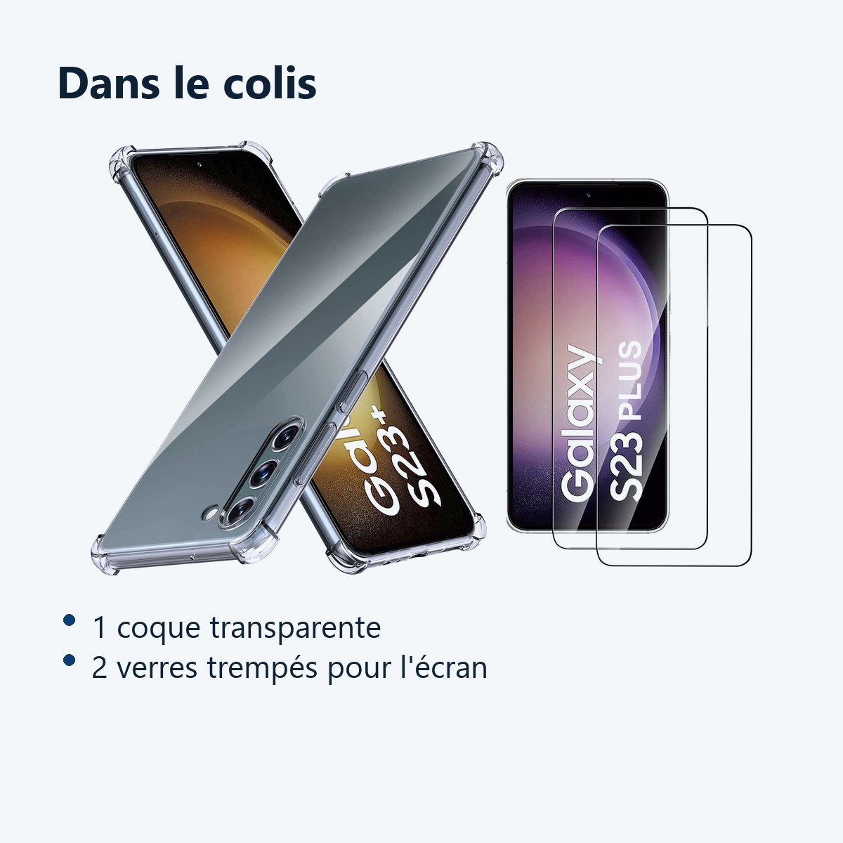 Contenu du colis – Coque Transparente Antichoc Angles Renforcés pour Samsung Galaxy S23 Plus + 2 Verres Trempés –