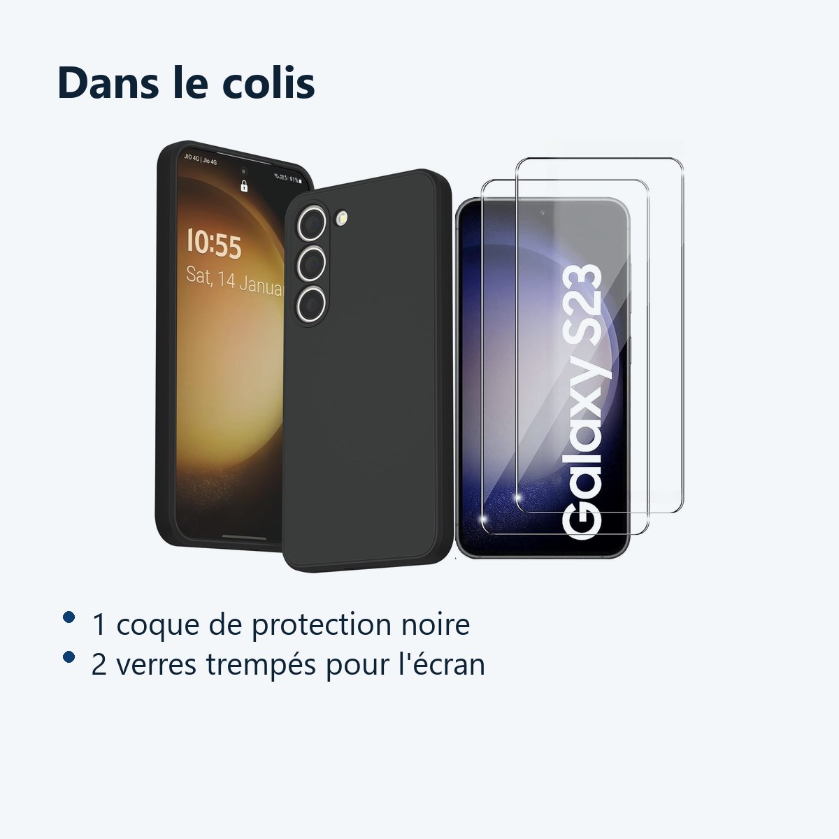 Contenu du colis – Coque Noir pour Samsung Galaxy S23 (6,1 pouces) et 2 Verres Trempé Film Protection Ecran
