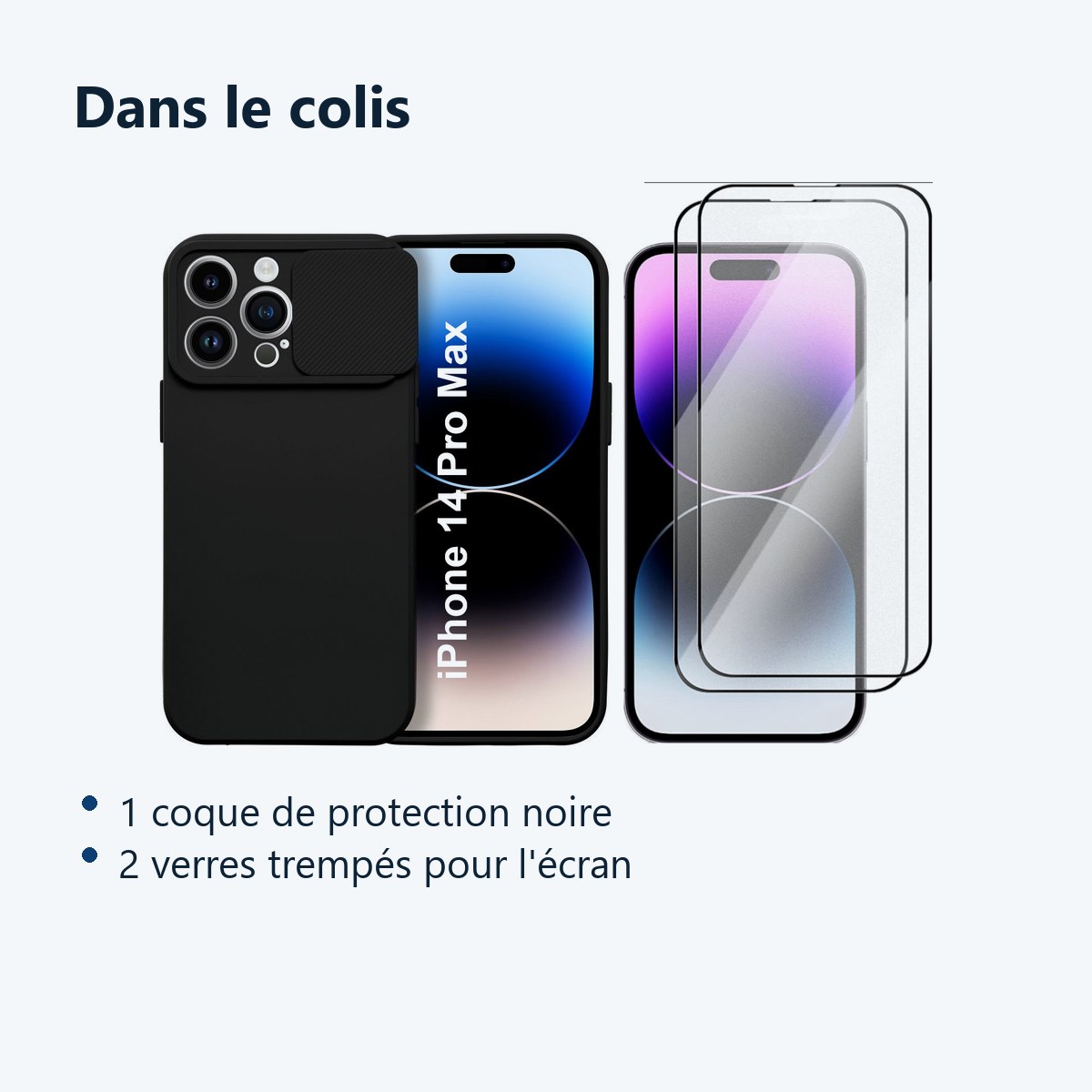 Contenu du colis – Coque Cam Slide couleur Noir + 2 Verres Trempes Pour iPhone 14 Pro Max
