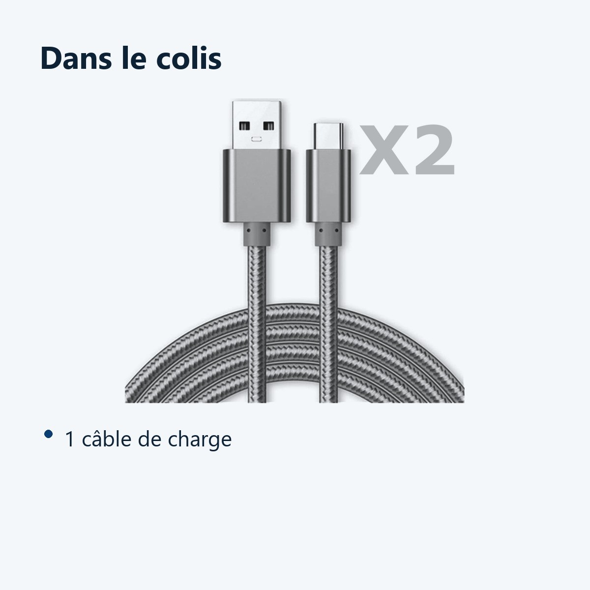 Contenu du colis – Cable Type-C Nylon Renforce Longeur 2M Couleur Argent X2