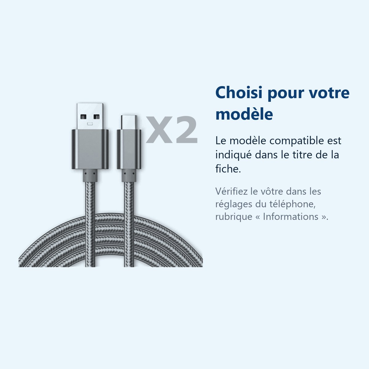 Accessoire ajusté au modèle exact – Cable Type-C Nylon Renforce Longeur 2M Couleur Argent X2