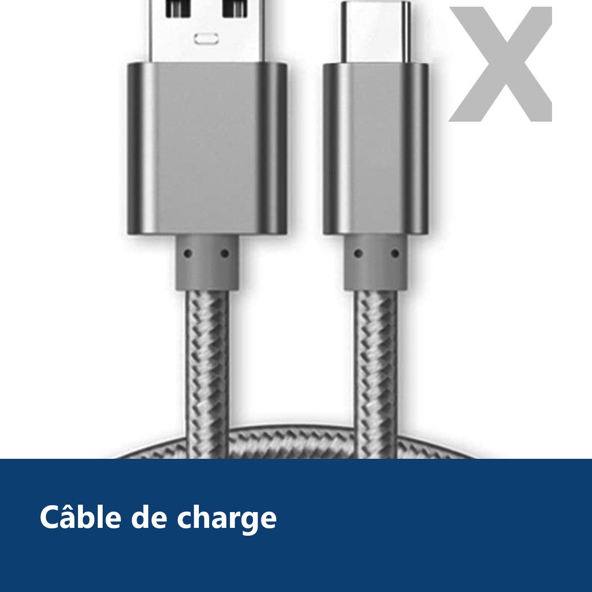 Vue de détail – Cable Type-C Nylon Renforce Longeur 2M Couleur Argent X2
