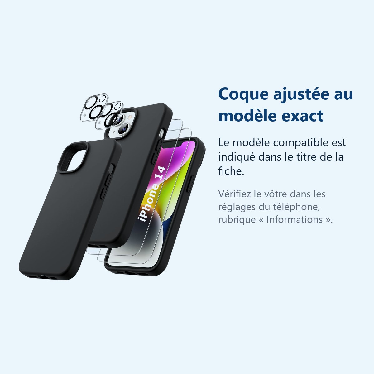Accessoire ajusté au modèle exact – Coque Silicone Noir + Verres Trempes et Protections Camera Arriere X2 Pour iPhone 14