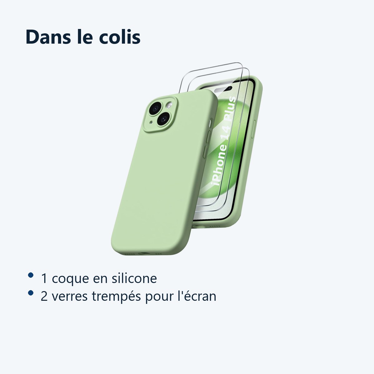 Contenu du colis – Coque Silicone Verte + 2 Verres Trempes Pour iPhone 14 Plus