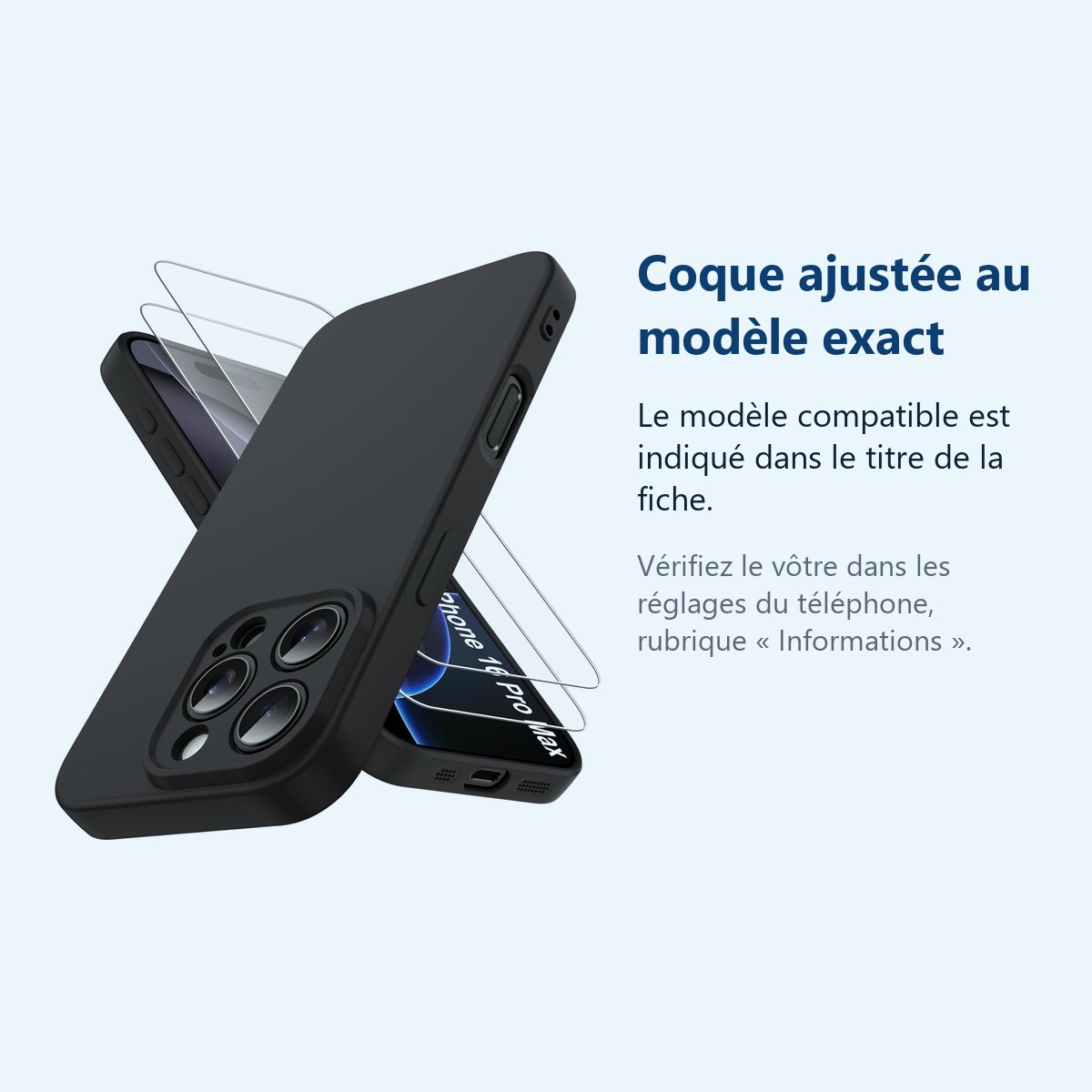 Accessoire ajusté au modèle exact – Coque Pour iPhone 16 Pro Max Silicone Noir + 2 Verres Trempes