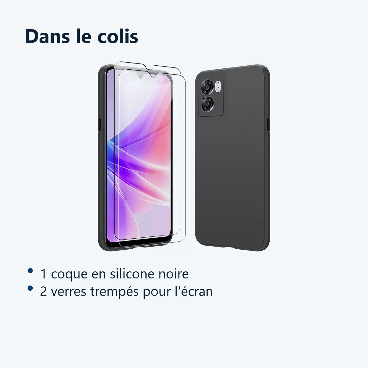 Contenu du colis – Coque Silicone TPU Couleur Noire + 2 Verres Trempes Pour Oppo A77 5G / A57 5G