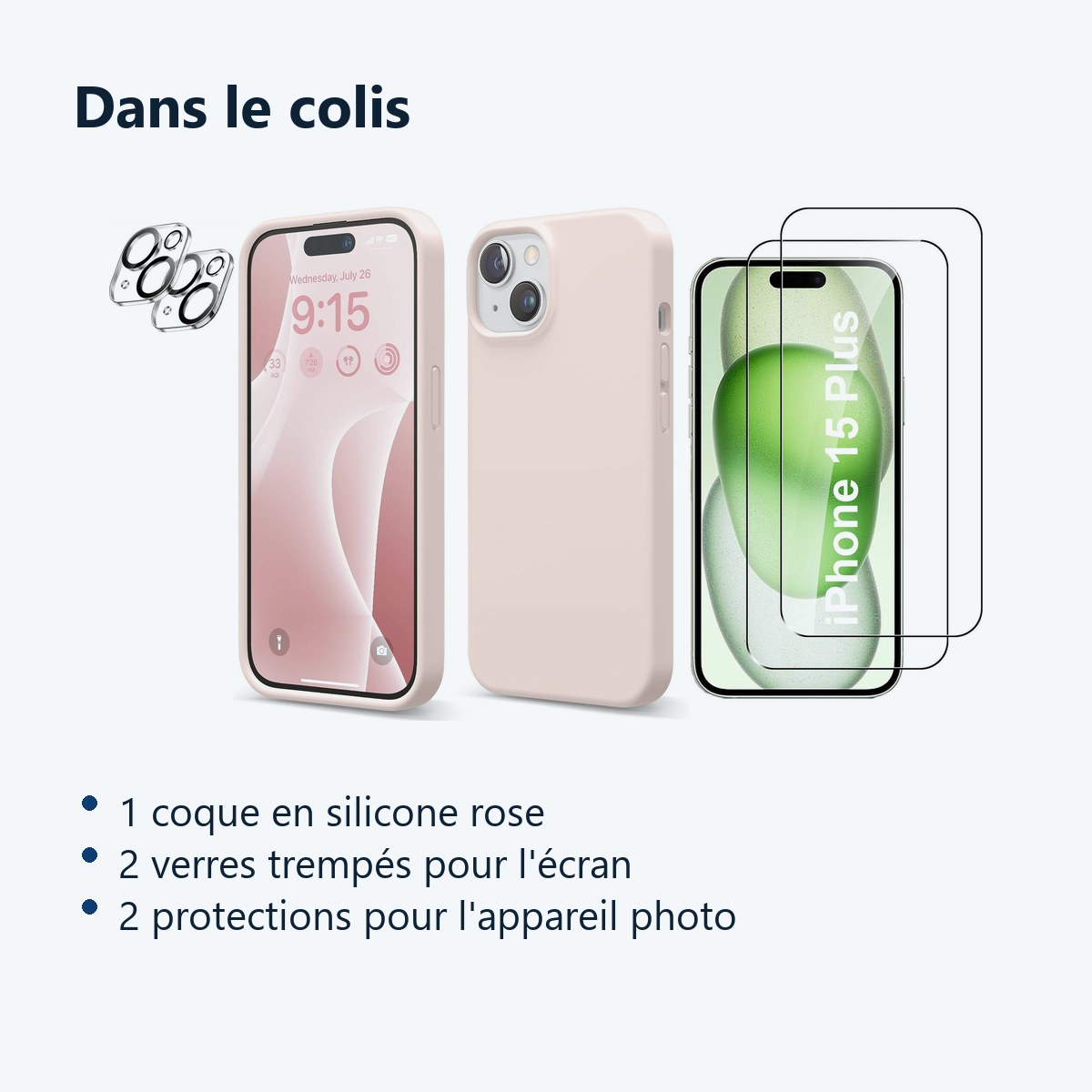 Contenu du colis – Coque Silicone Rose + Verres Trempes et Protections Camera Arriere X2 Pour iPhone 15 Plus