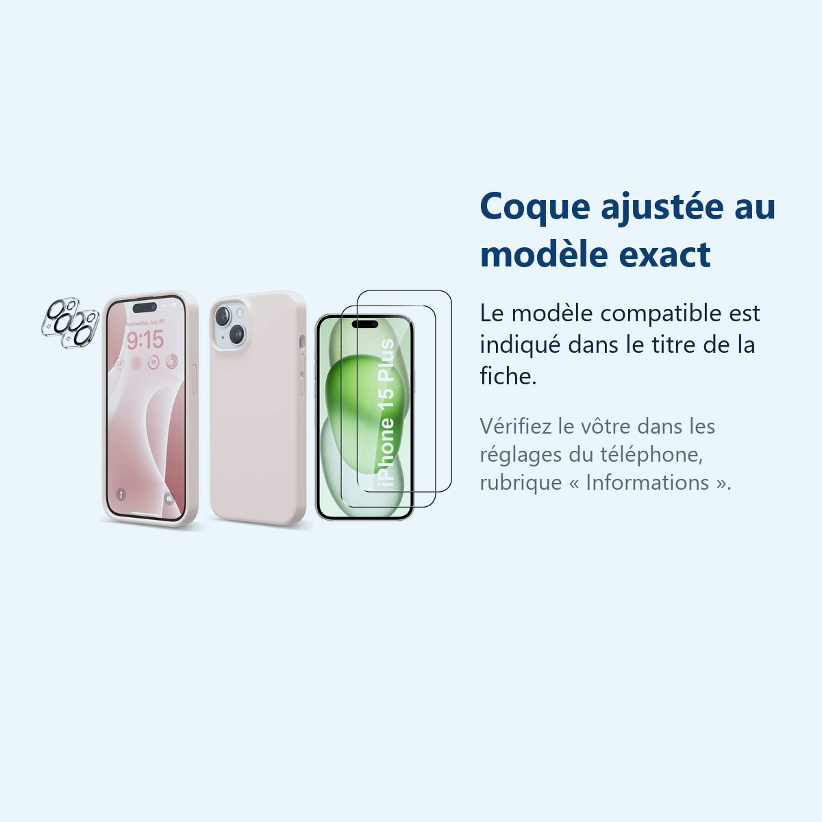 Accessoire ajusté au modèle exact – Coque Silicone Rose + Verres Trempes et Protections Camera Arriere X2 Pour iPhone 15 Plus