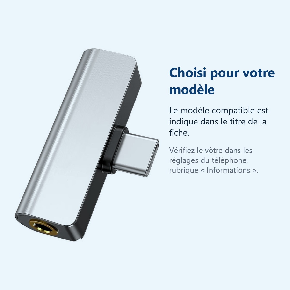 Accessoire ajusté au modèle exact – Adaptateur Audio 2en1 Type C / Jack 3,5mm + Type C couleur Argent