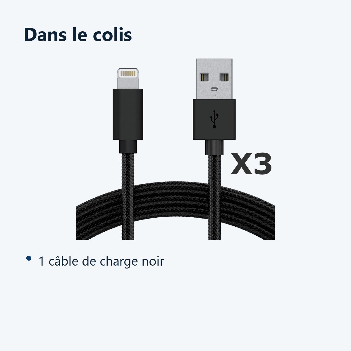 Contenu du colis – Cable Nylon Renforce Longeur 2M Couleur Noir X3 Pour iPhone SE 2020 / X / Xr / 11 / 12