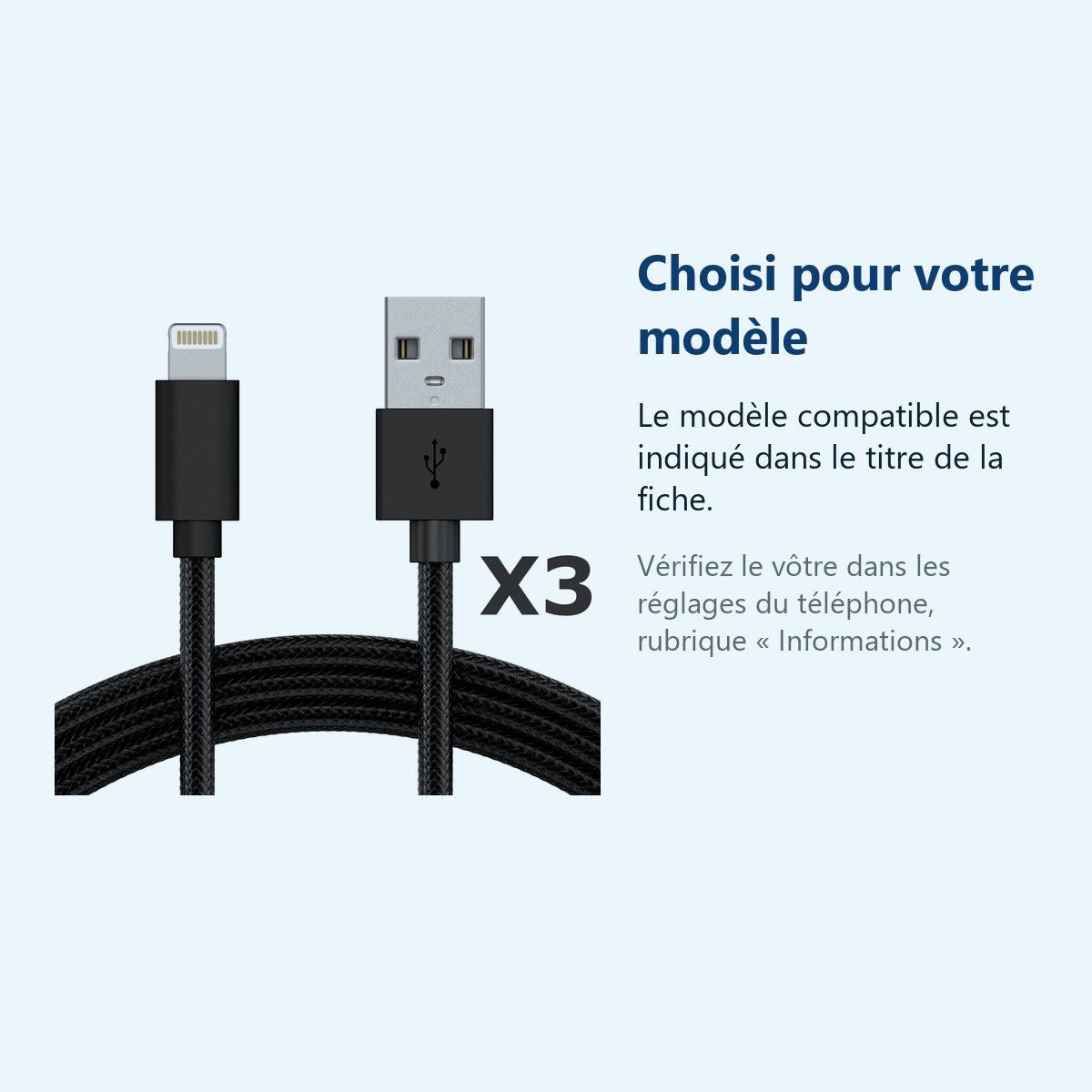 Accessoire ajusté au modèle exact – Cable Nylon Renforce Longeur 2M Couleur Noir X3 Pour iPhone SE 2020 / X / Xr / 11 / 12