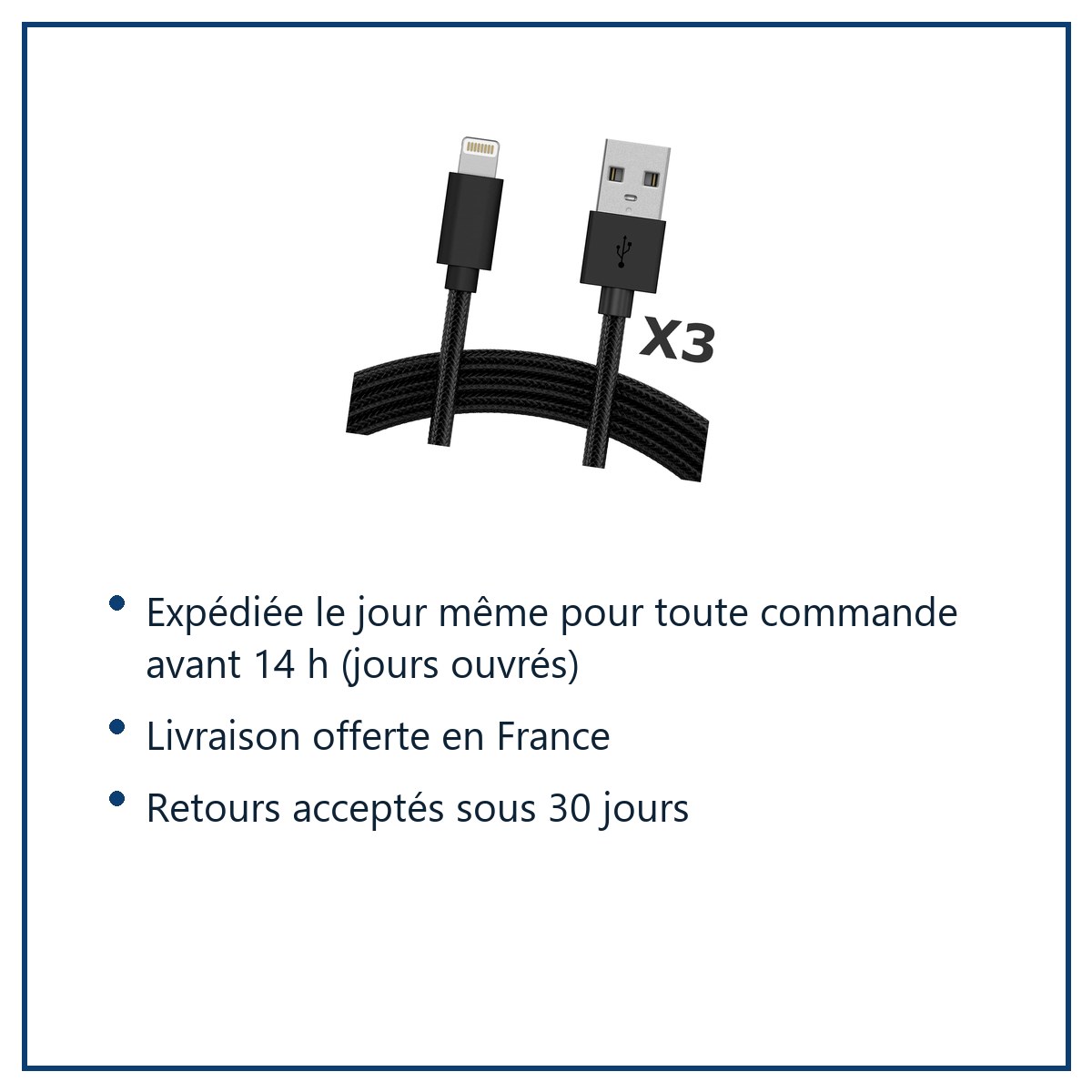 Expédition le jour même, livraison offerte, retours sous 30 jours – Cable Nylon Renforce Longeur 2M Couleur Noir X3 Pour iPho