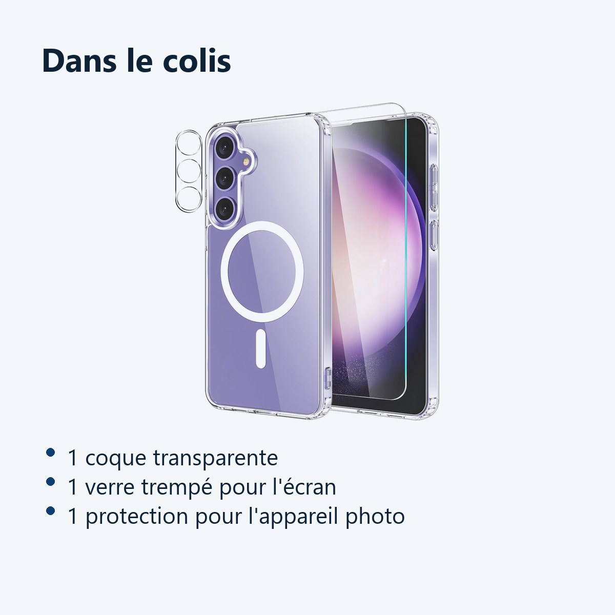 Contenu du colis – Coque Silicone Transparente Compatible Magsafe + Verre Trempes et Protection Camera Arriere Transparent Po