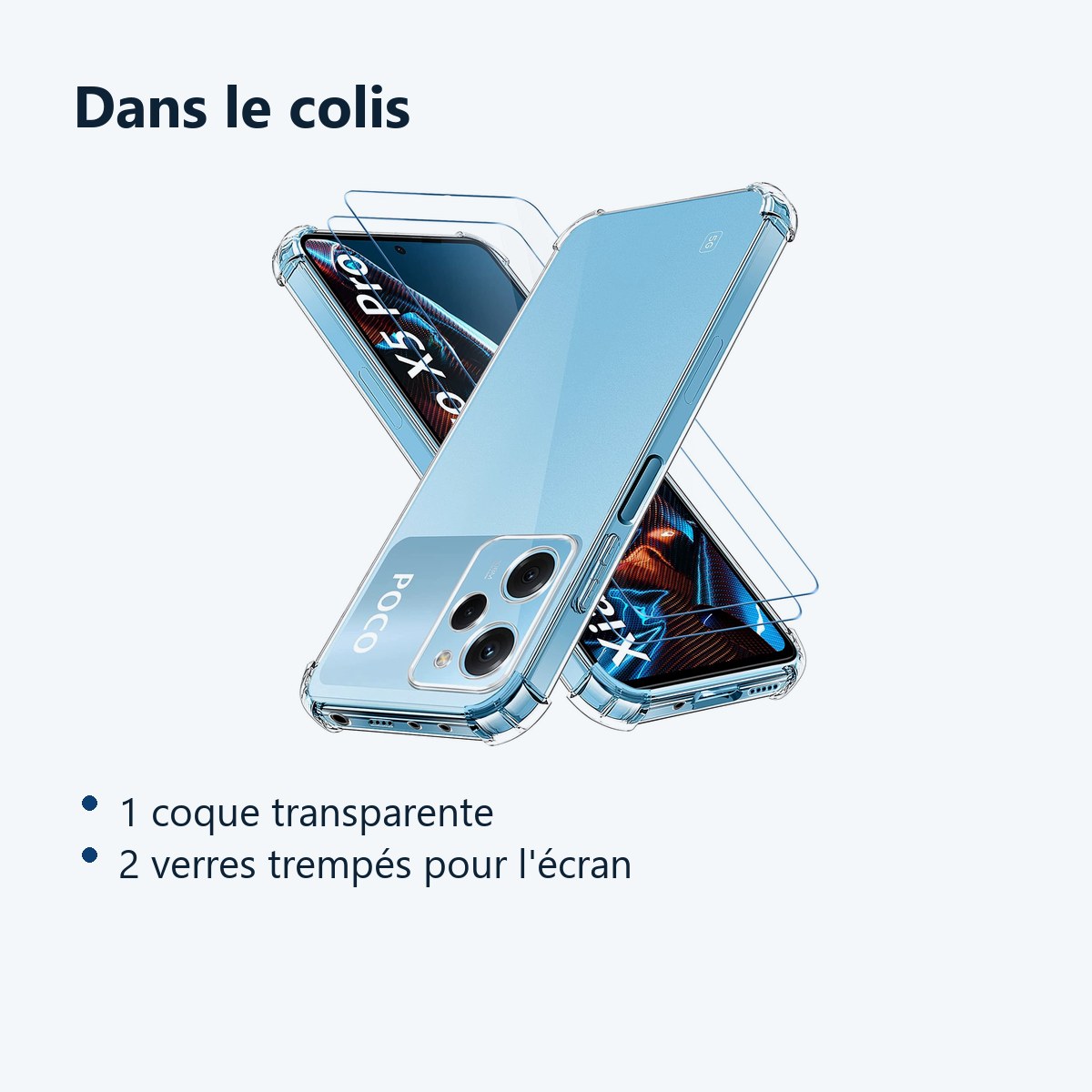 Contenu du colis – Coque Silicone Transparente Angles Renforces + 2 Verres Trempes Pour Poco X5 Pro 5G