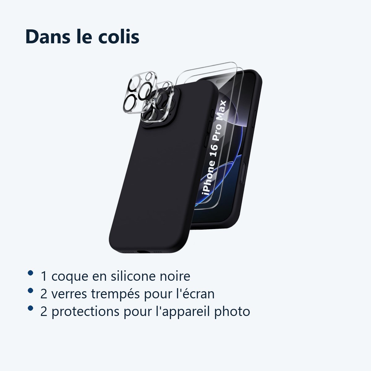 Contenu du colis – Coque Silicone Noir + Verres Trempes et Protections Camera Arriere X2 Pour iPhone 16 Pro Max