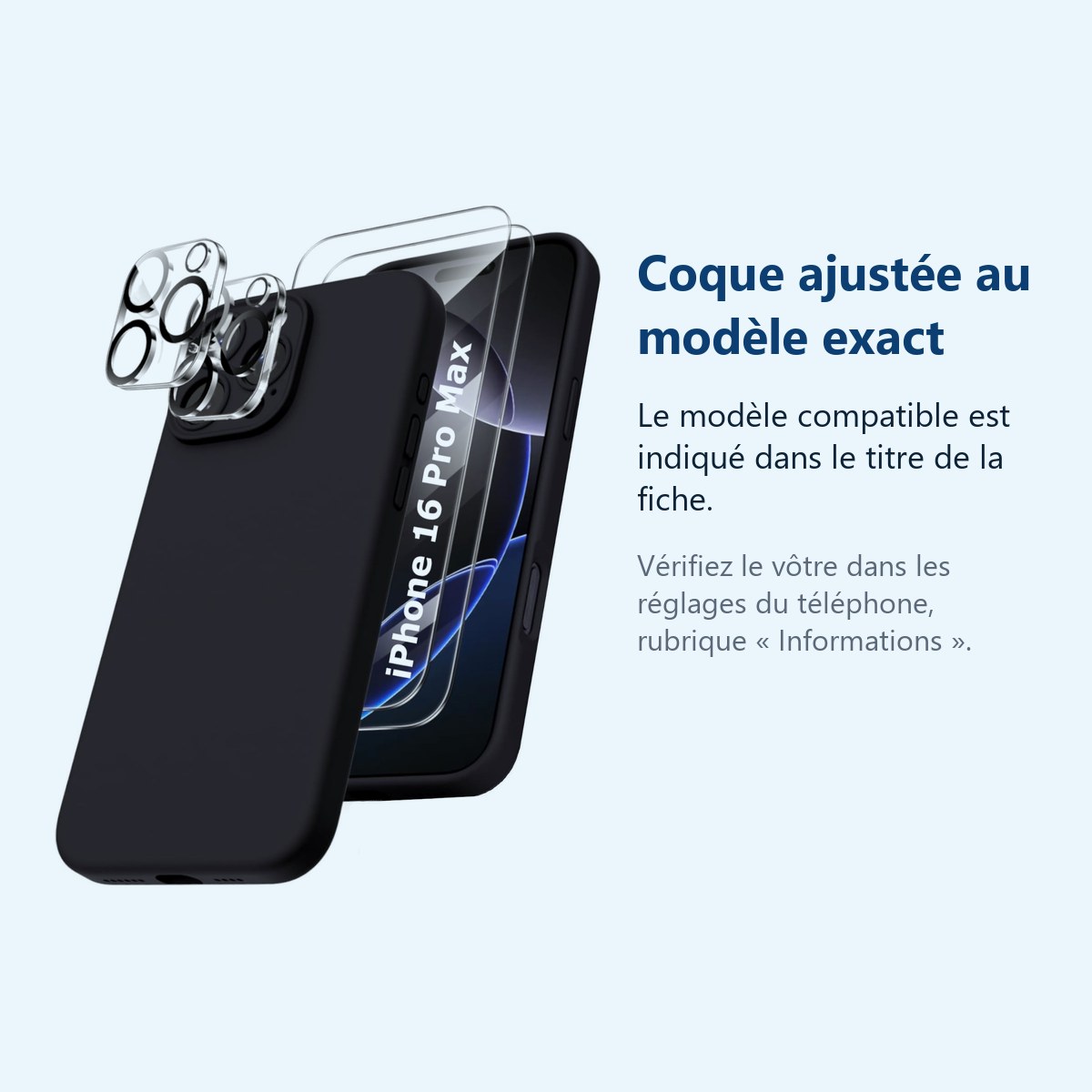 Accessoire ajusté au modèle exact – Coque Silicone Noir + Verres Trempes et Protections Camera Arriere X2 Pour iPhone 16 Pro