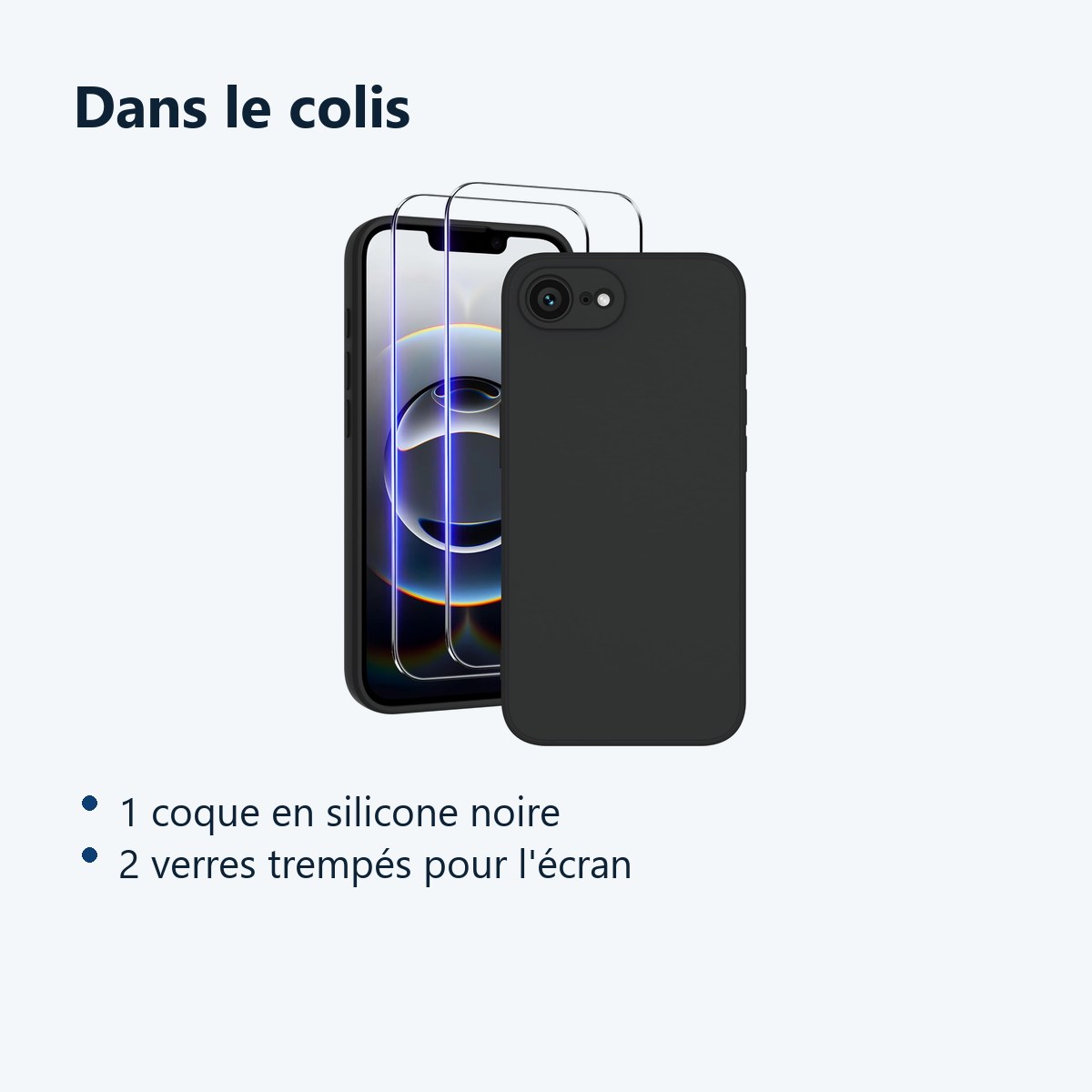Contenu du colis – Coque Pour iPhone 17e Silicone Noir + 2 Verres Trempes