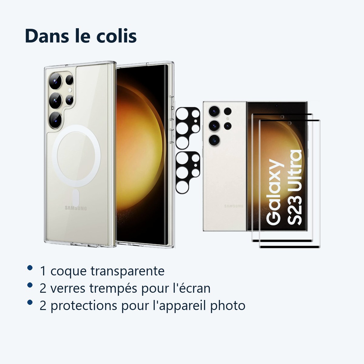Contenu du colis – Coque Silicone Transparente Compatible Magsafe + Verres Trempes et Protections Camera Arriere X2 Pour Sams