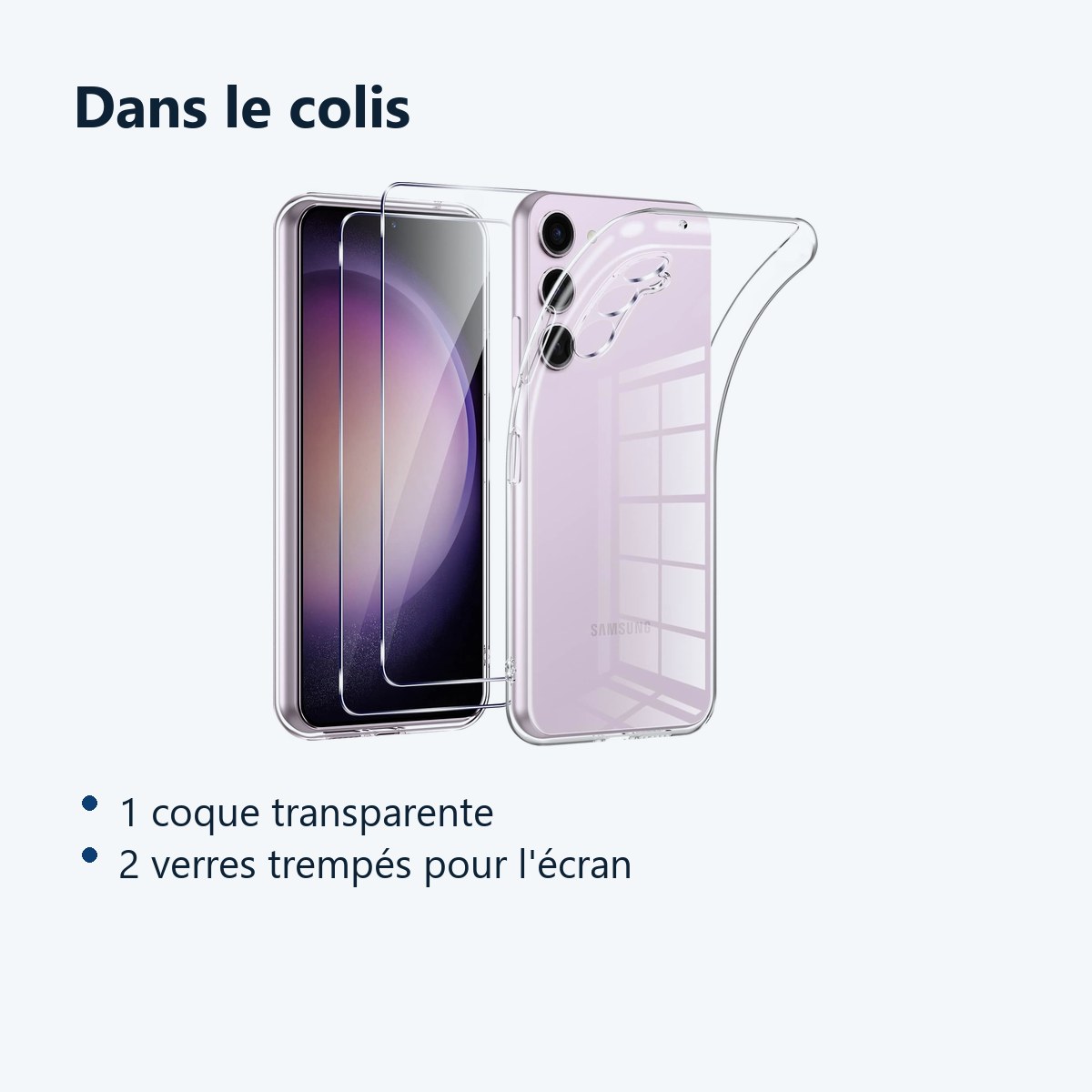 Contenu du colis – Coque Transparente pour Samsung Galaxy S23 Plus (6,6 pouces) et 2 Verres Trempé Film Protection Ecran