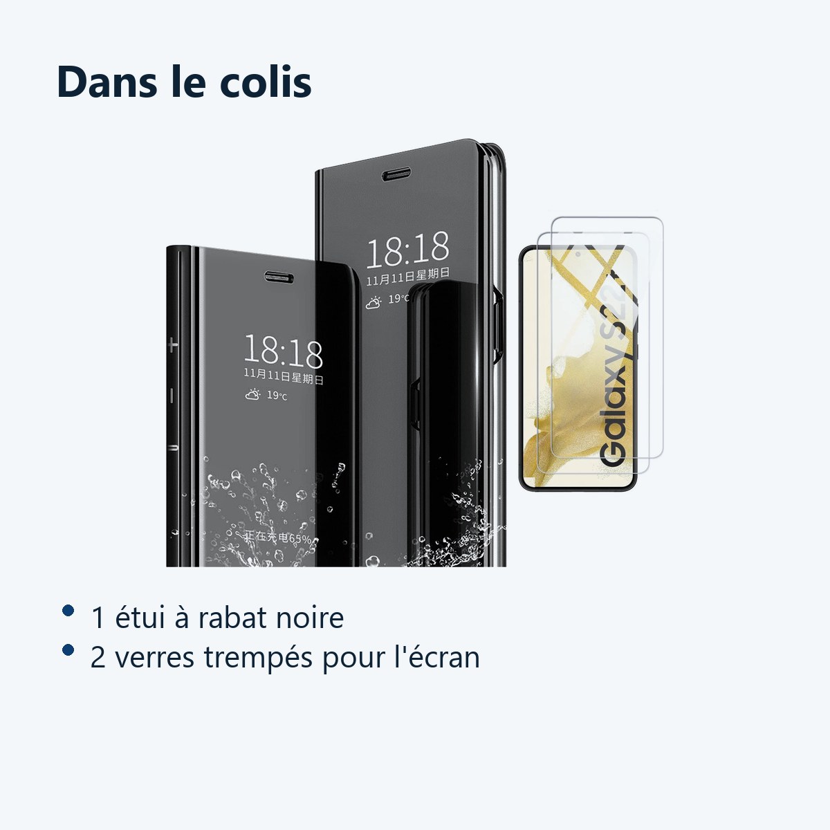 Contenu du colis – Coque Rabat Miroir Noir + 2 Verres Trempes Pour Samsung Galaxy S22 Plus 5G