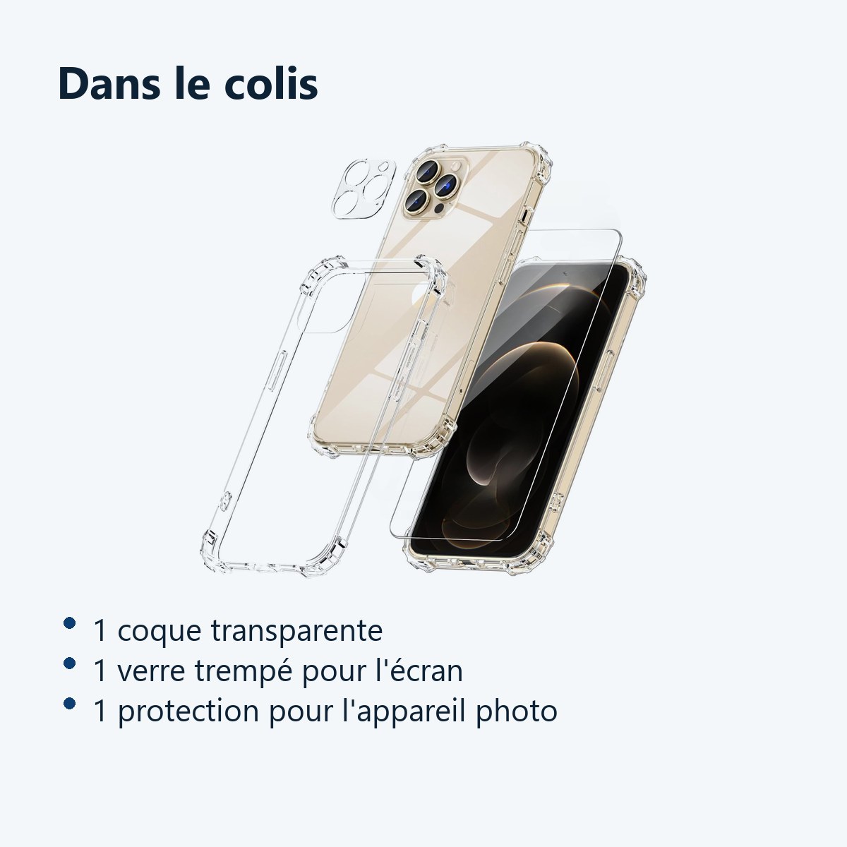 Contenu du colis – Coque Silicone Transparente Angles Renforces + Verre Trempe et Protection Camera Arriere Pour iPhone 12 Pr