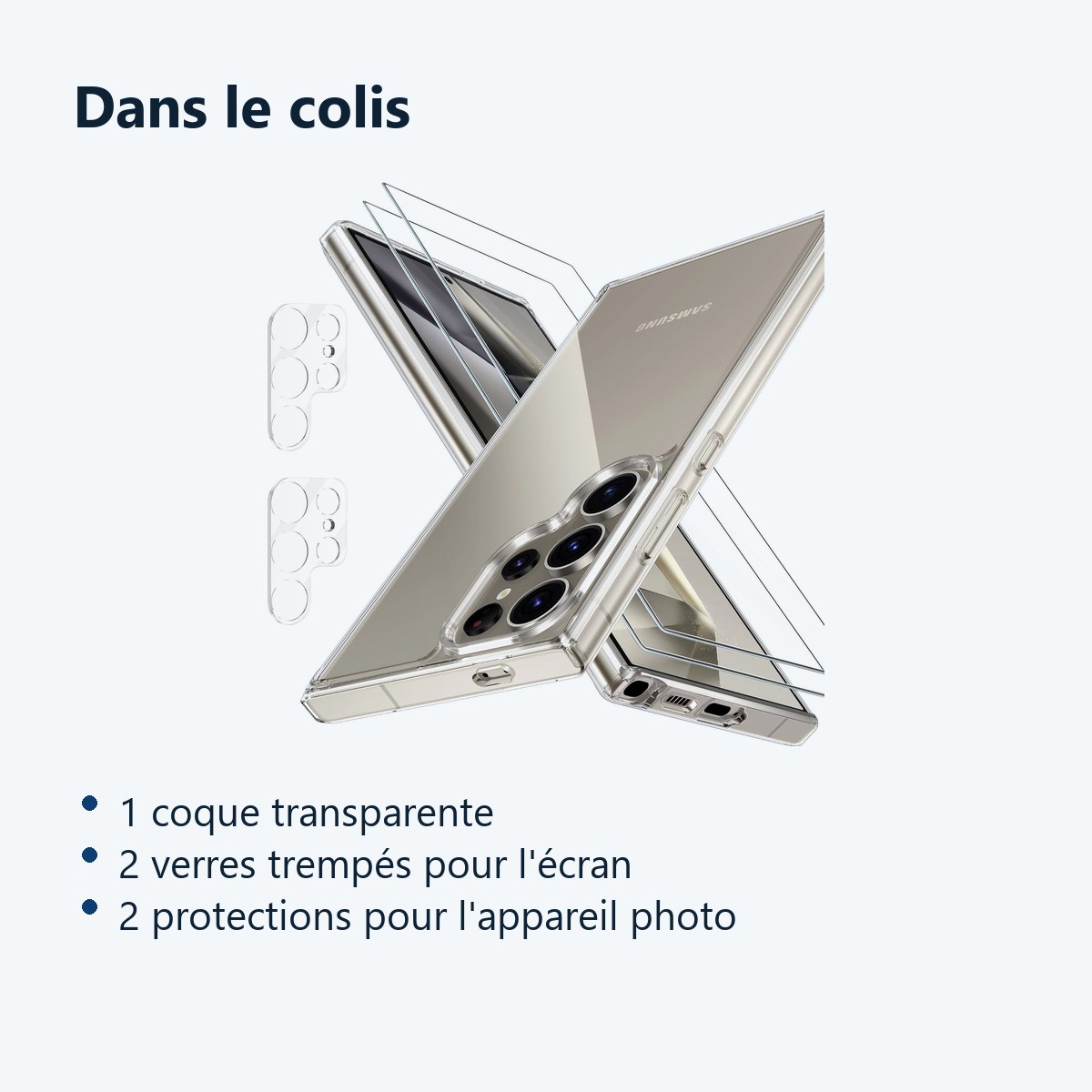 Contenu du colis – Coque Silicone Transparente + Verres Trempes et Protections Camera Arriere Transparent X2 Pour Samsung Gal