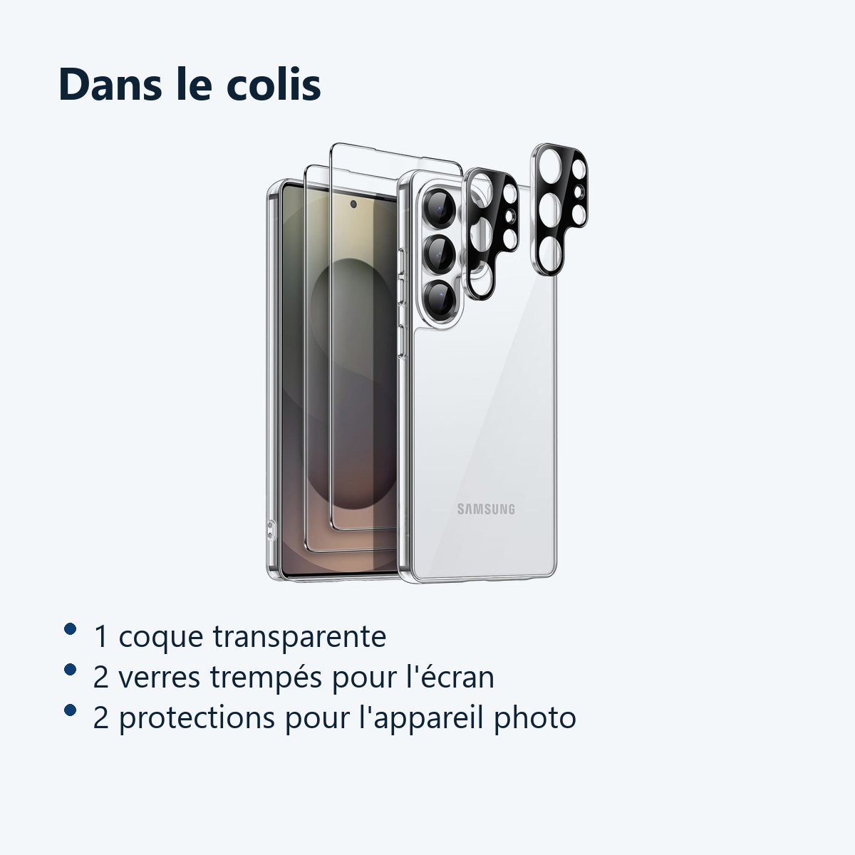 Contenu du colis – Coque Silicone Transparente + Verres Trempes et Protections Camera Arriere Transparent X2 Pour Samsung Gal