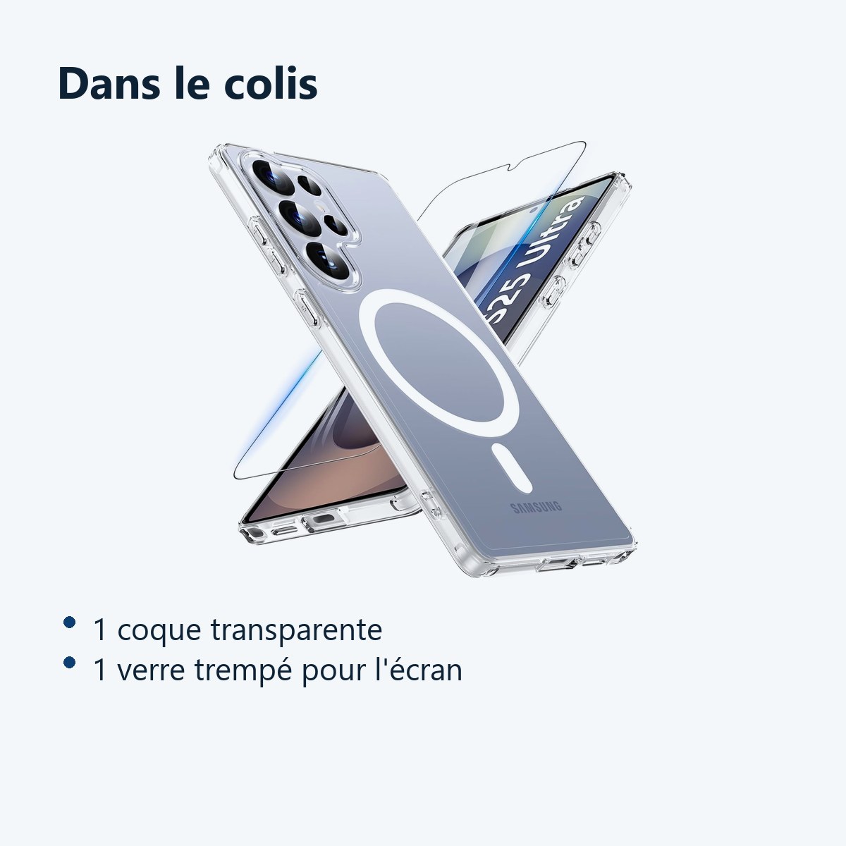 Contenu du colis – Coque Silicone Transparente Compatible Magsafe + Verre Trempe Pour Samsung Galaxy S25 Ultra