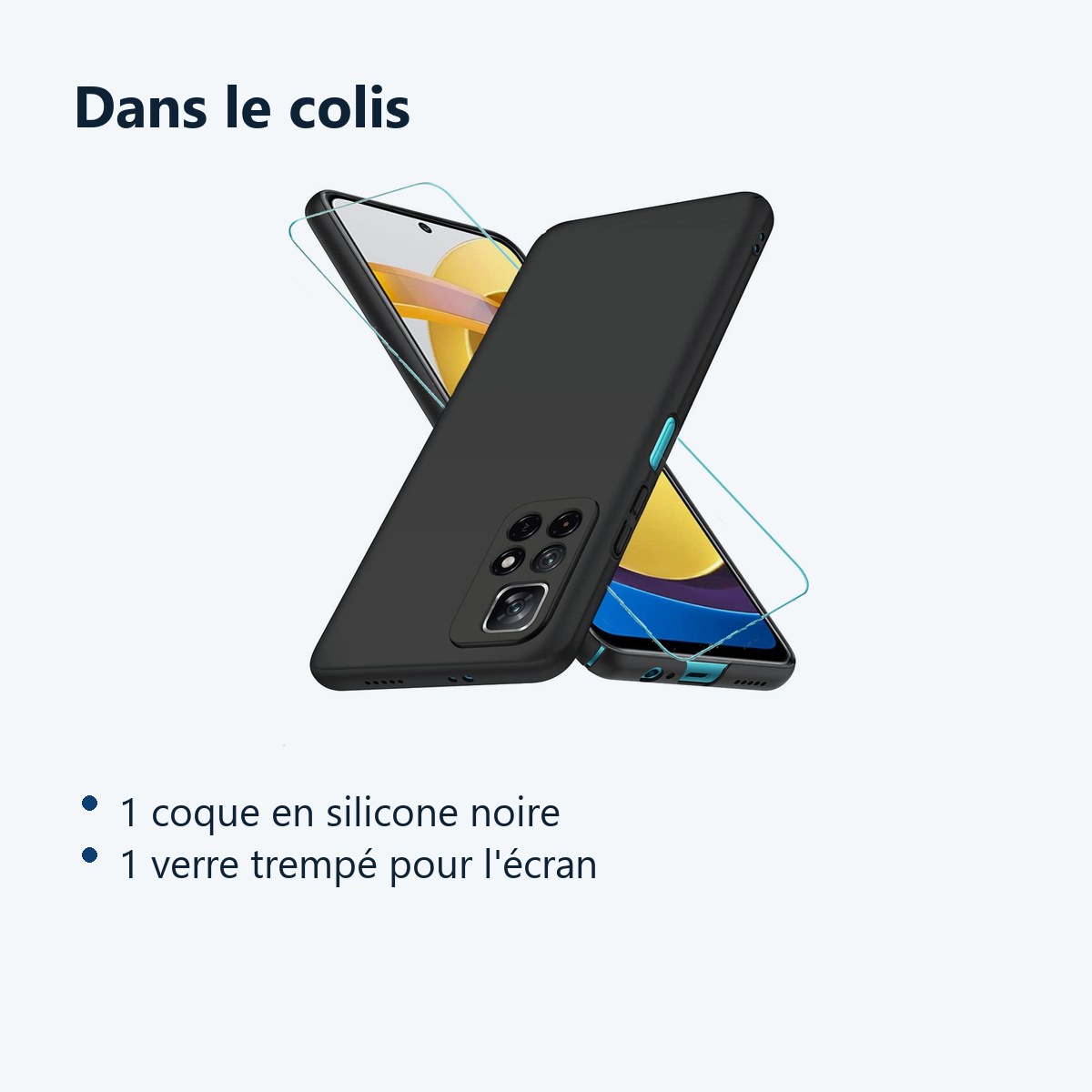 Contenu du colis – Coque Silicone Noir + Verre Trempe Pour Poco M4 Pro 5G