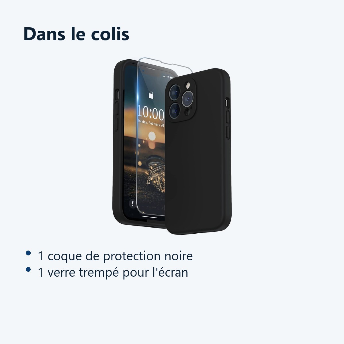 Contenu du colis – Coque Noir pour iPhone 13 Pro Max (6,7 pouces) et Verre Trempé Film Protection Ecran
