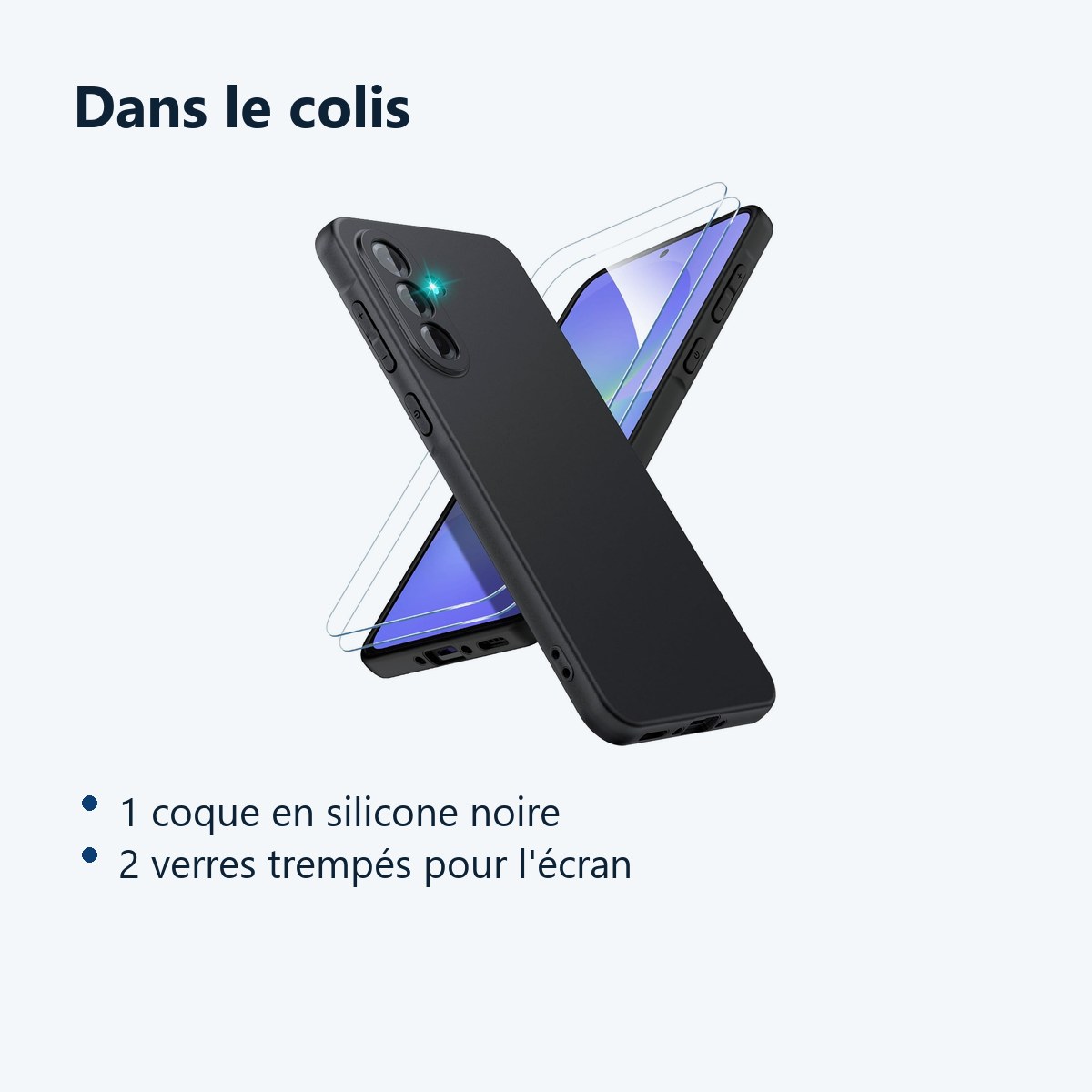 Contenu du colis – Coque Pour Samsung A37 5G Silicone Noir + 2 Verres Trempes